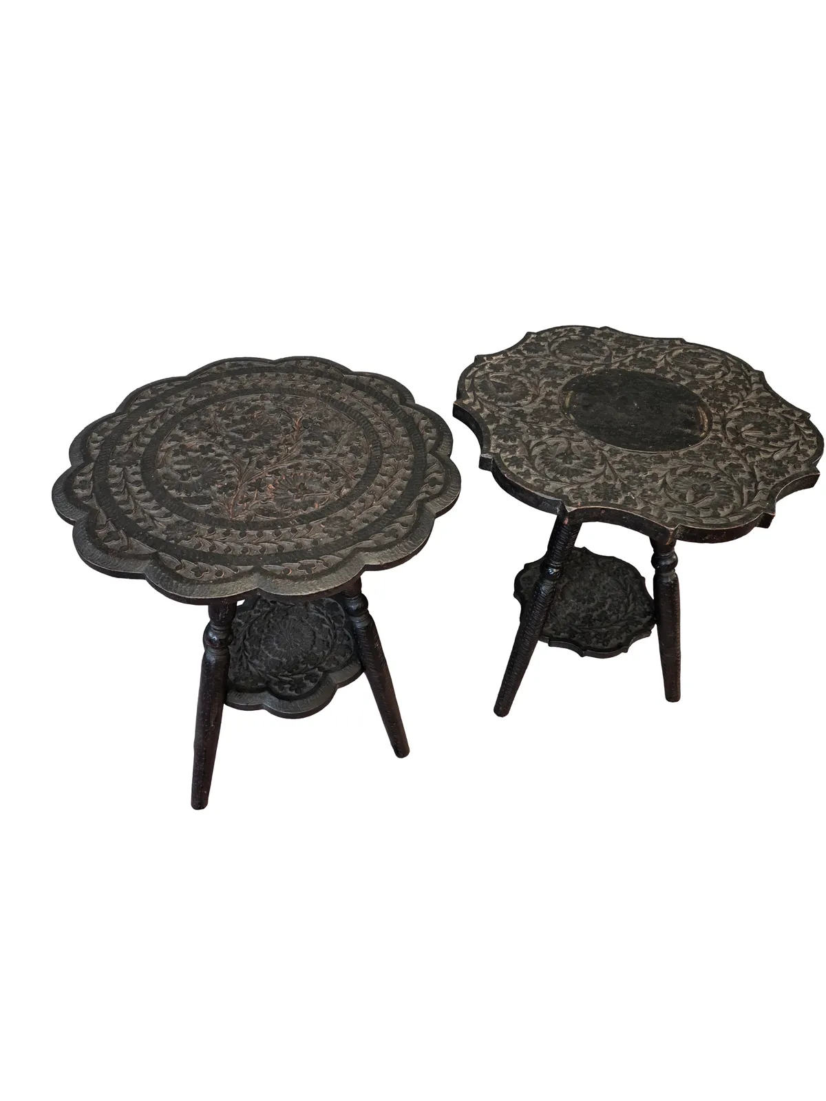 Pair Of Early 20th Century Anglo Indian Hand Carved Hardwood Side Tables photo Furniture