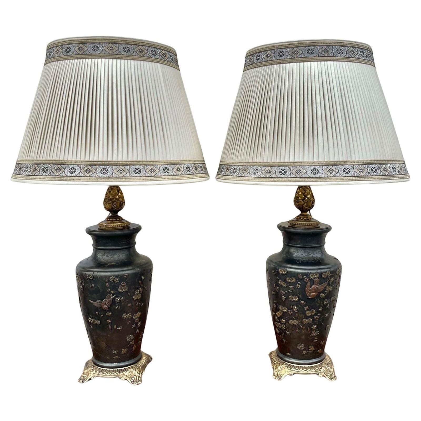 Pair Of Japanese Meiji Period Bronze Inlaid Table Lamps.