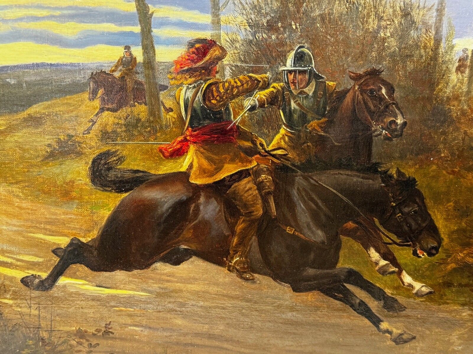 19th Century Oil Painting Civil War Royalist Pursued By Roundheads Escape From Worcester 1651 Gilt Framed photo vintage