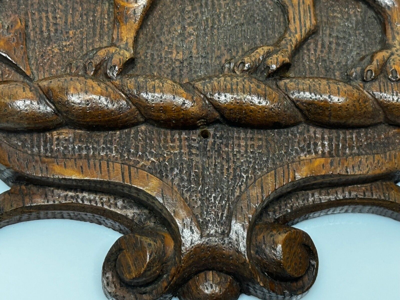 photo furniture 19th Century Pugin Design Carved Tiger Oak Heraldic Lion Shield Crest Sculpture