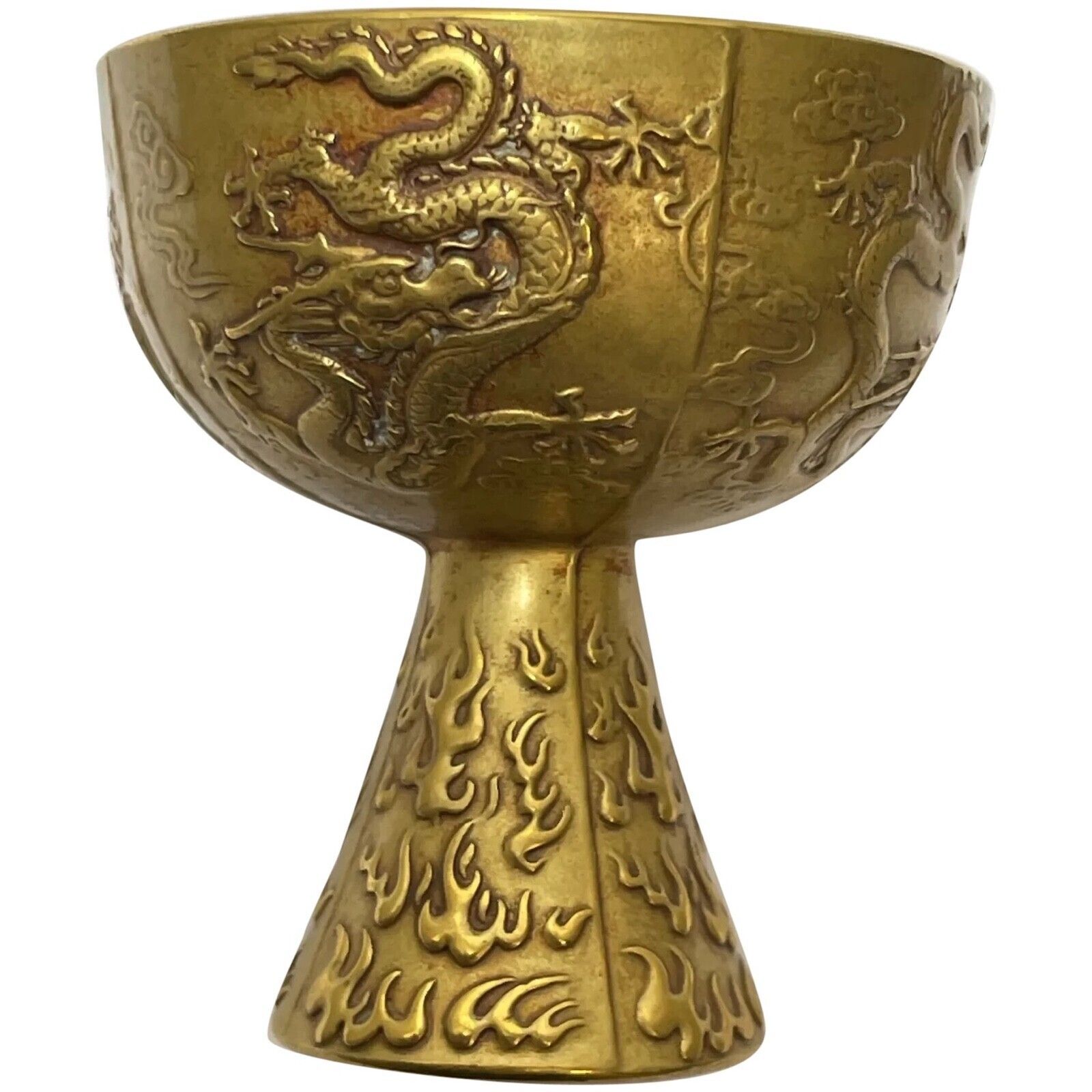 Small Chinese Qing Dynasty Gilded Bronze Drinking Vessel Dragon Wine Goblet