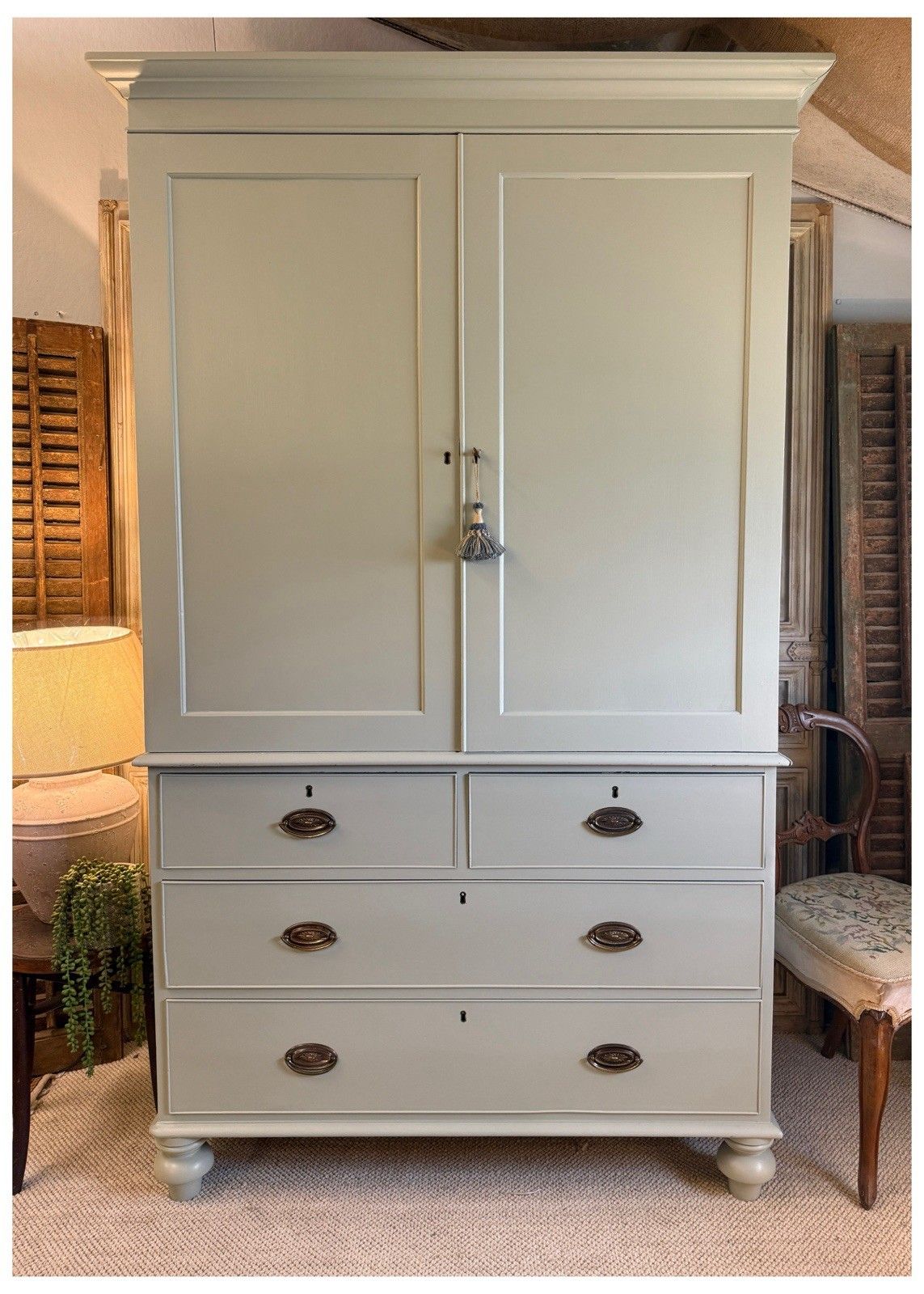 Antique Painted Victorian Linen Press With Key  Blue Gray By Farrow And Ball photo furniture
