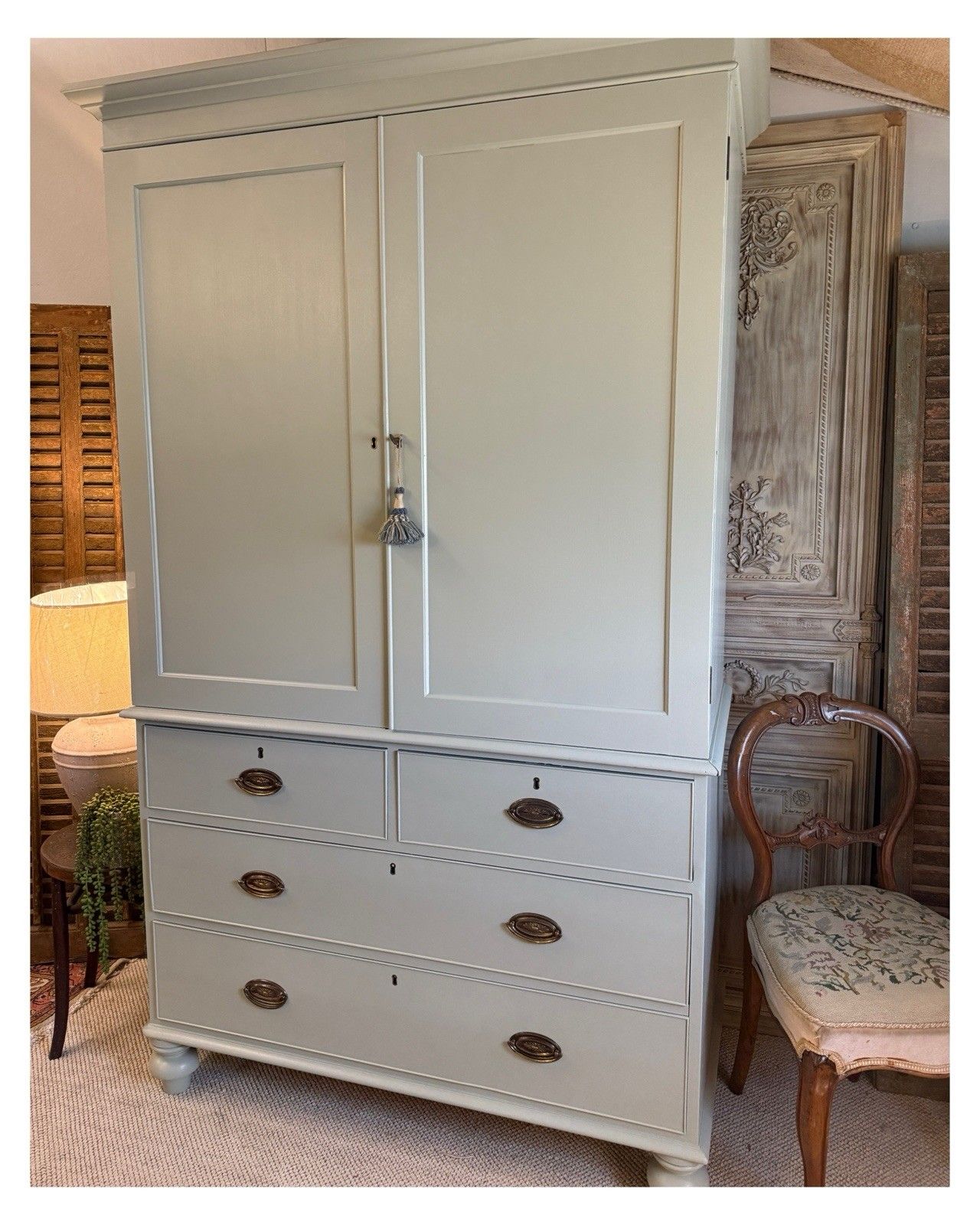 Antique Painted Victorian Linen Press With Key  Blue Gray By Farrow And Ball photo for sale