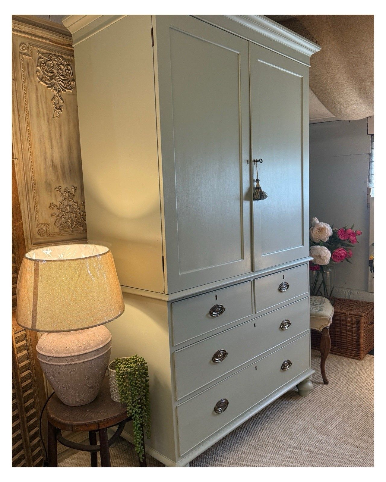 Antique Painted Victorian Linen Press With Key  Blue Gray By Farrow And Ball photo Furniture