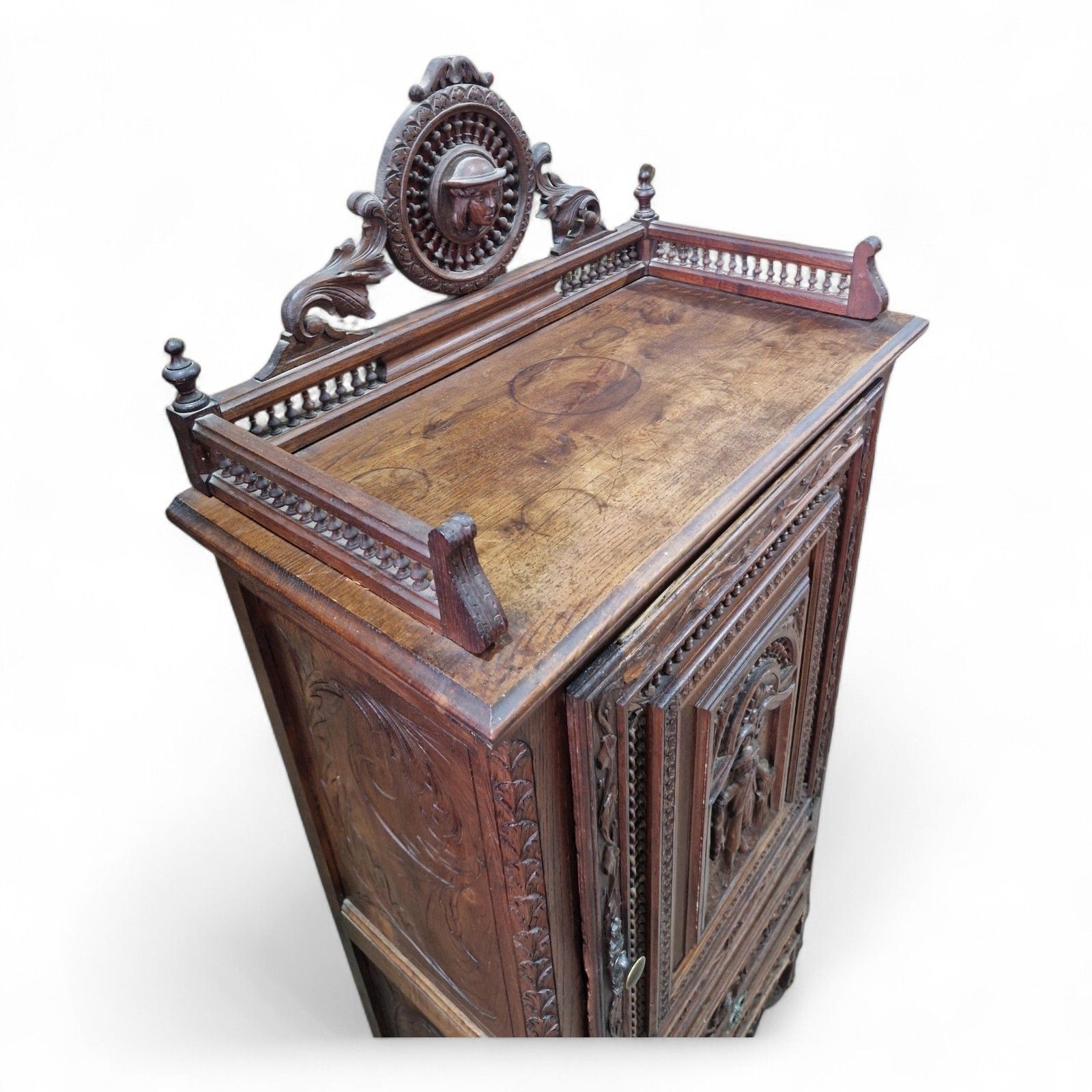 Antique Carved Oak Renaissance Revival Cabinet C.1880 Flemish Figural Panel Tall photo vinterior