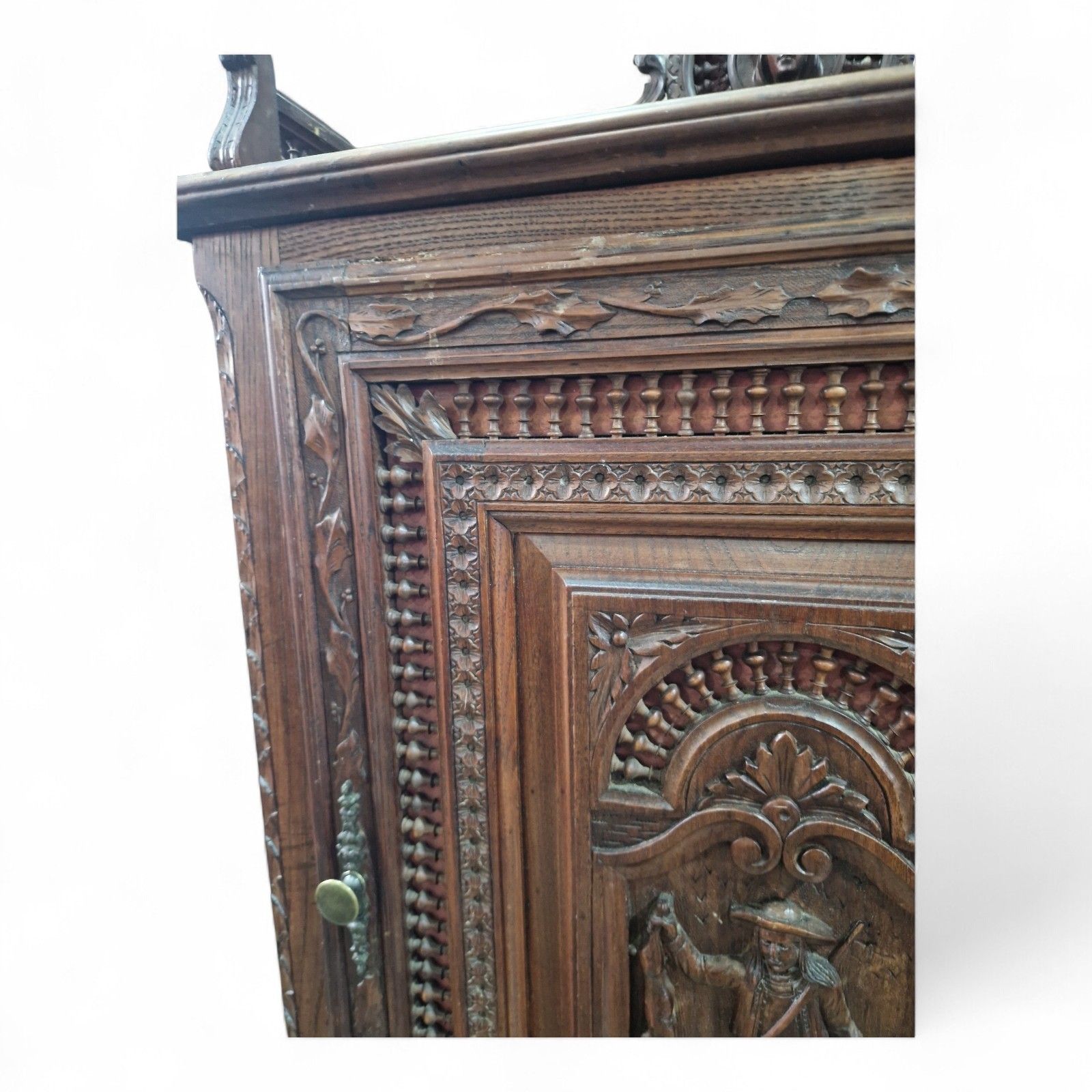 photo furniture Antique Carved Oak Renaissance Revival Cabinet C.1880 Flemish Figural Panel Tall