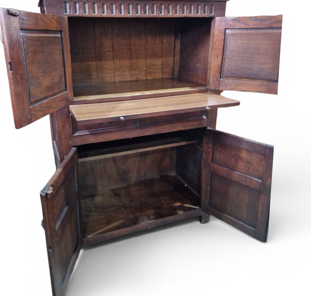 Carved Oak Drinks Cabinet Bar Cocktail Cupboard Drawers Slide Antique Style photo furniture