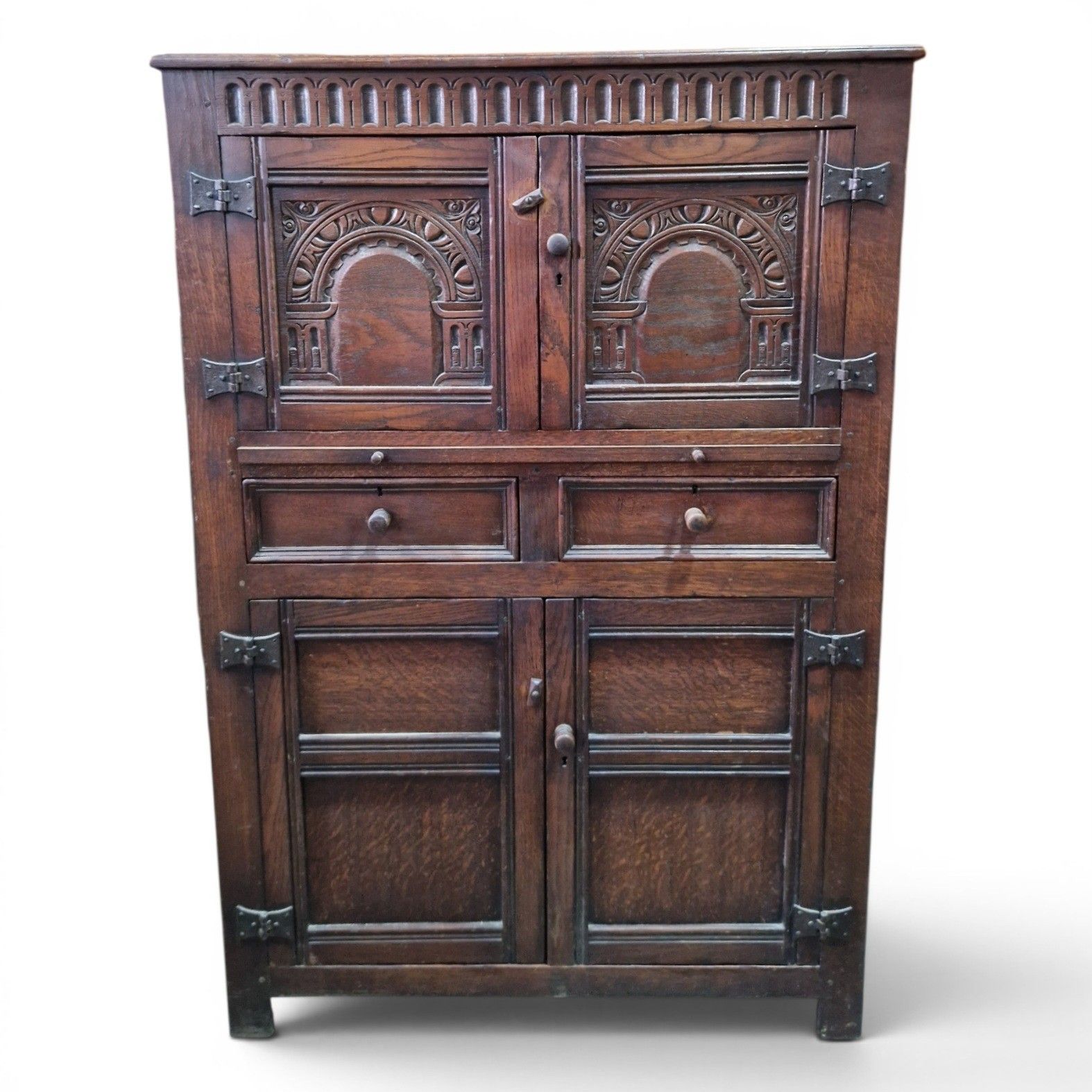 Carved Oak Drinks Cabinet Bar Cocktail Cupboard Drawers Slide Antique Style photo 195.0