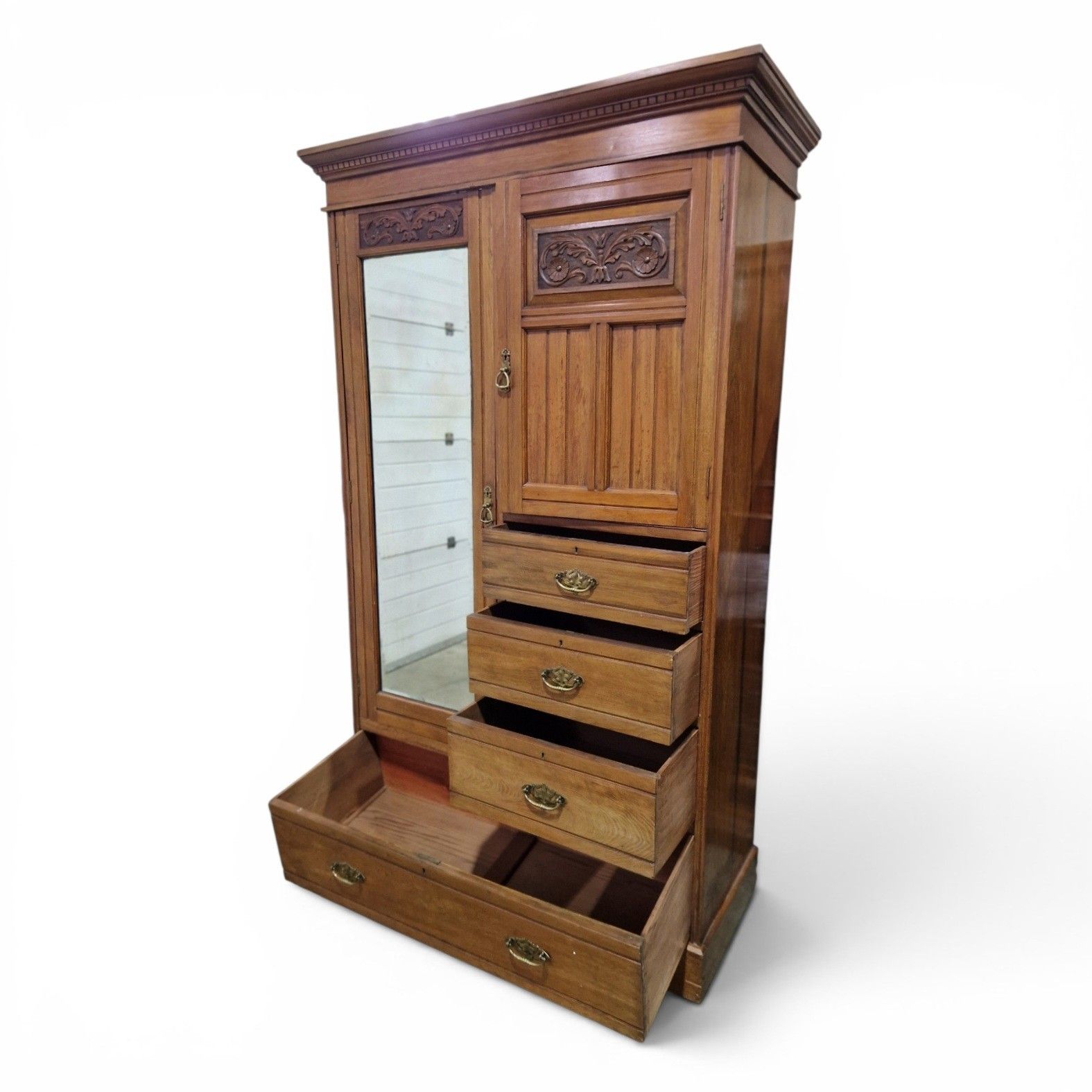 Antique Scottish Ash Wardrobe Mirror Door Antique Combination Armoire Victorian photo vintage