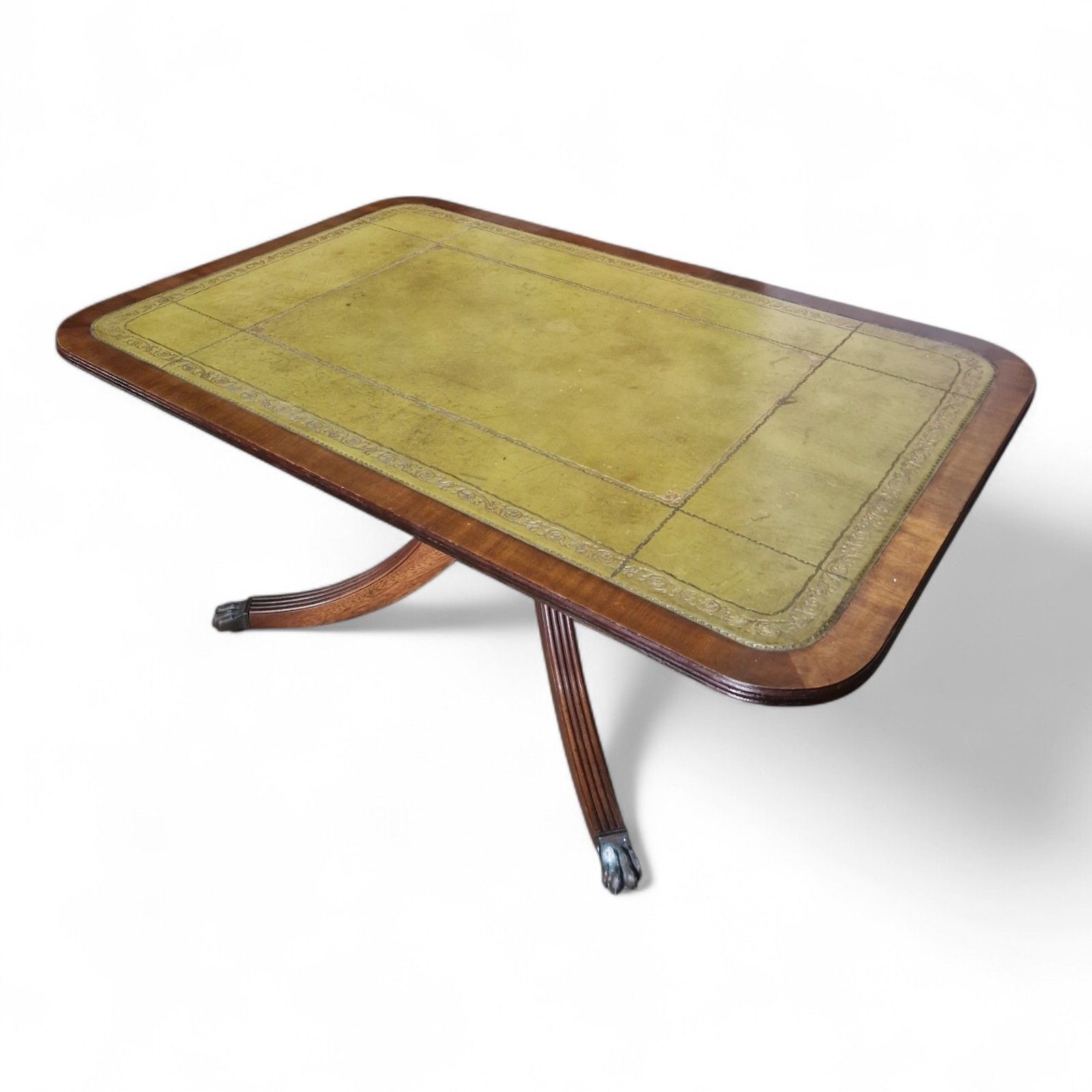 Antique Style Games Table Coffee Table Green Leather Top Paw Feet Castors Large photo 120.0