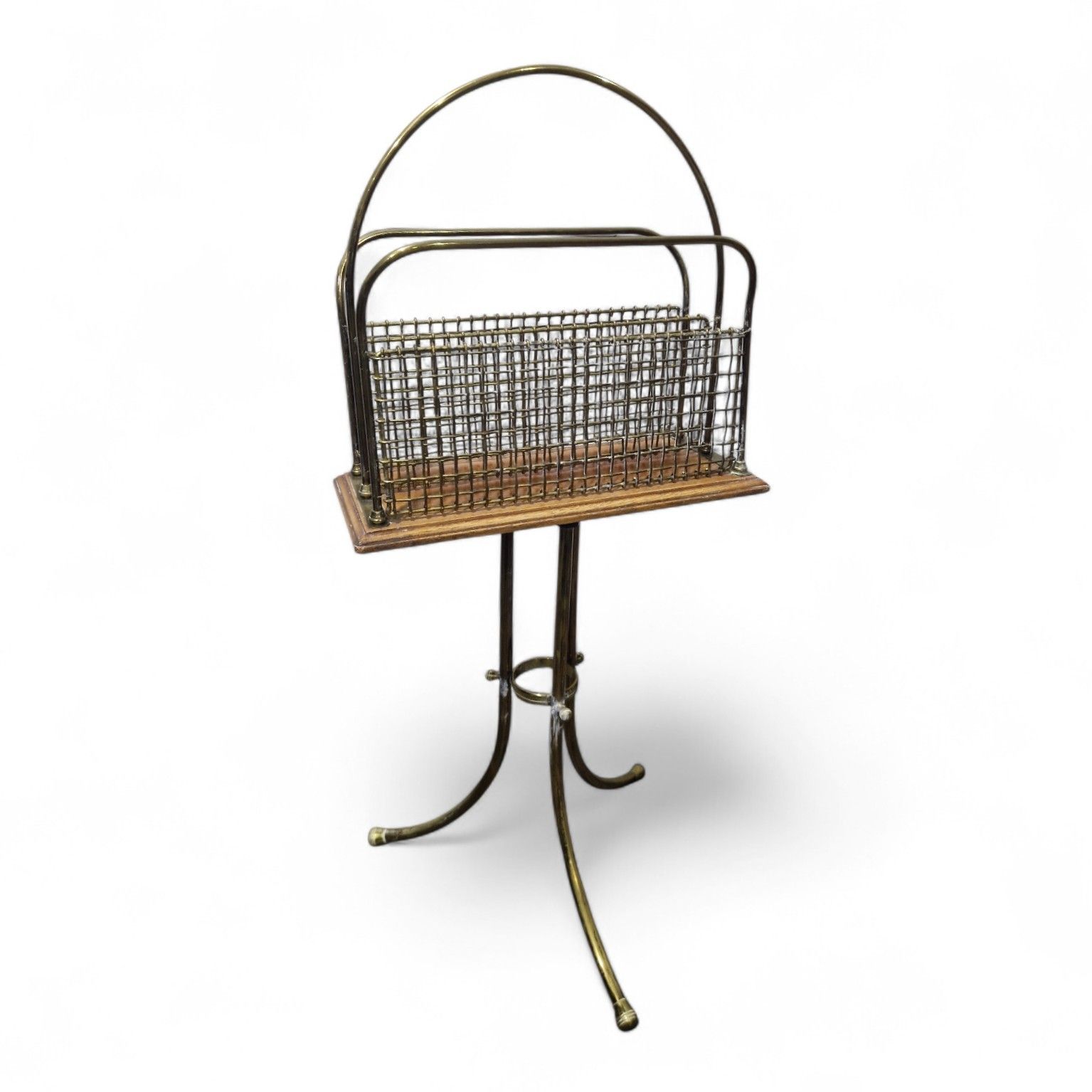 Art Deco Brass Magazine Stand Wire Rack With Handle Vintage Revolving Top photo for sale