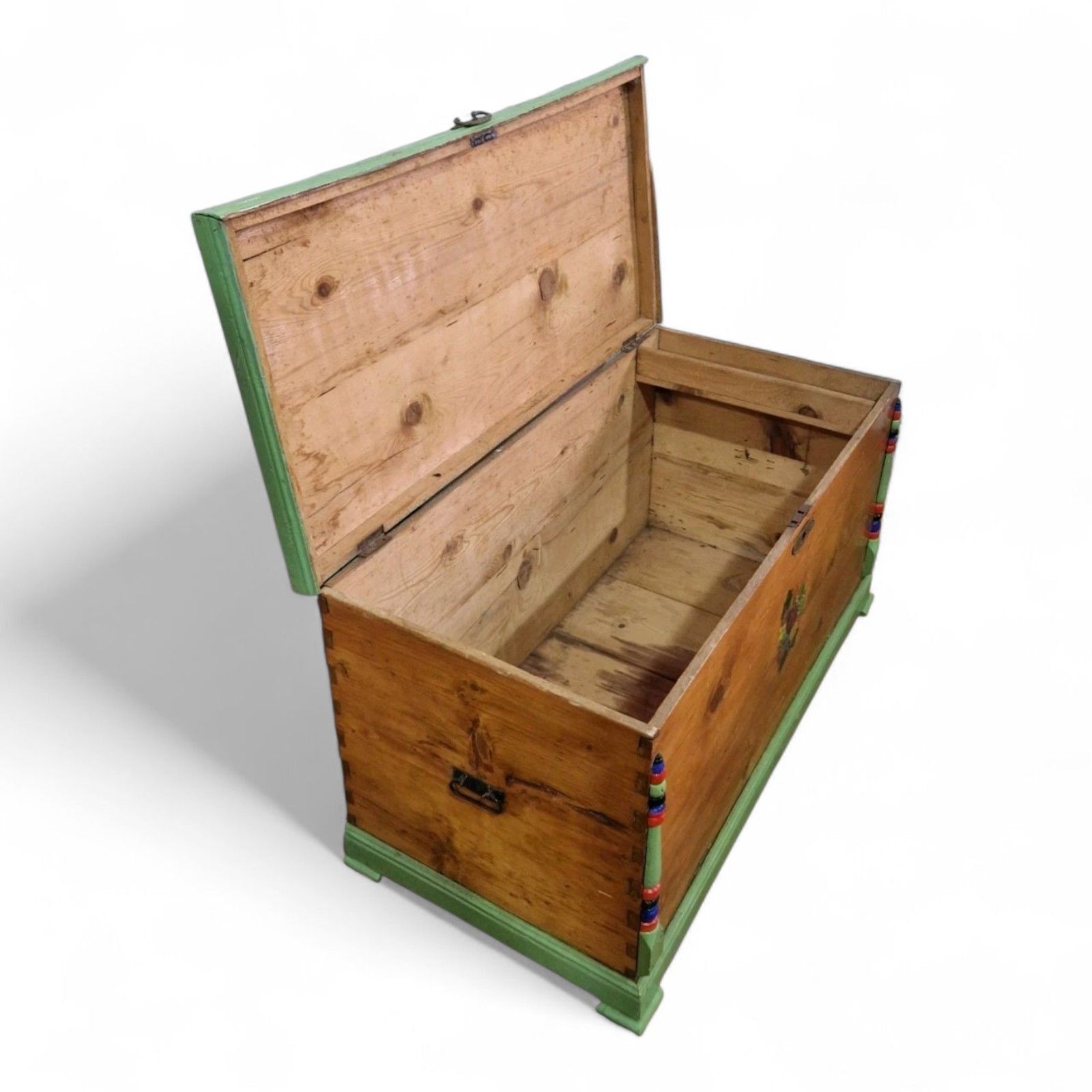 photo for sale Pine Blanket Box Antique Wood Hand Painted Scandinavian Folk Art Storage Chest
