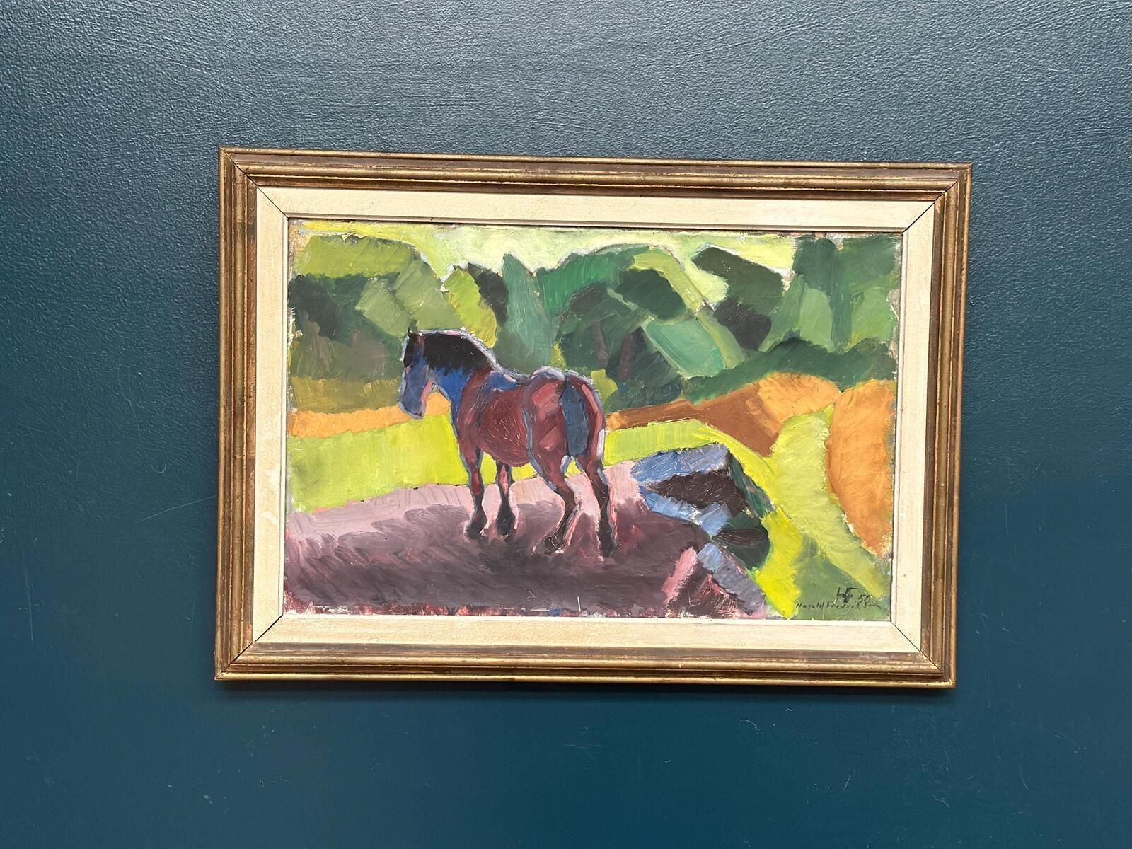 Original Mid‑Century Swedish Oil On Canvas – “Häst II” By Harald Fredriksson (1950) – Vintage & Framed – 46 × 65 Cm (18.1" × 25.6") photo 595.0