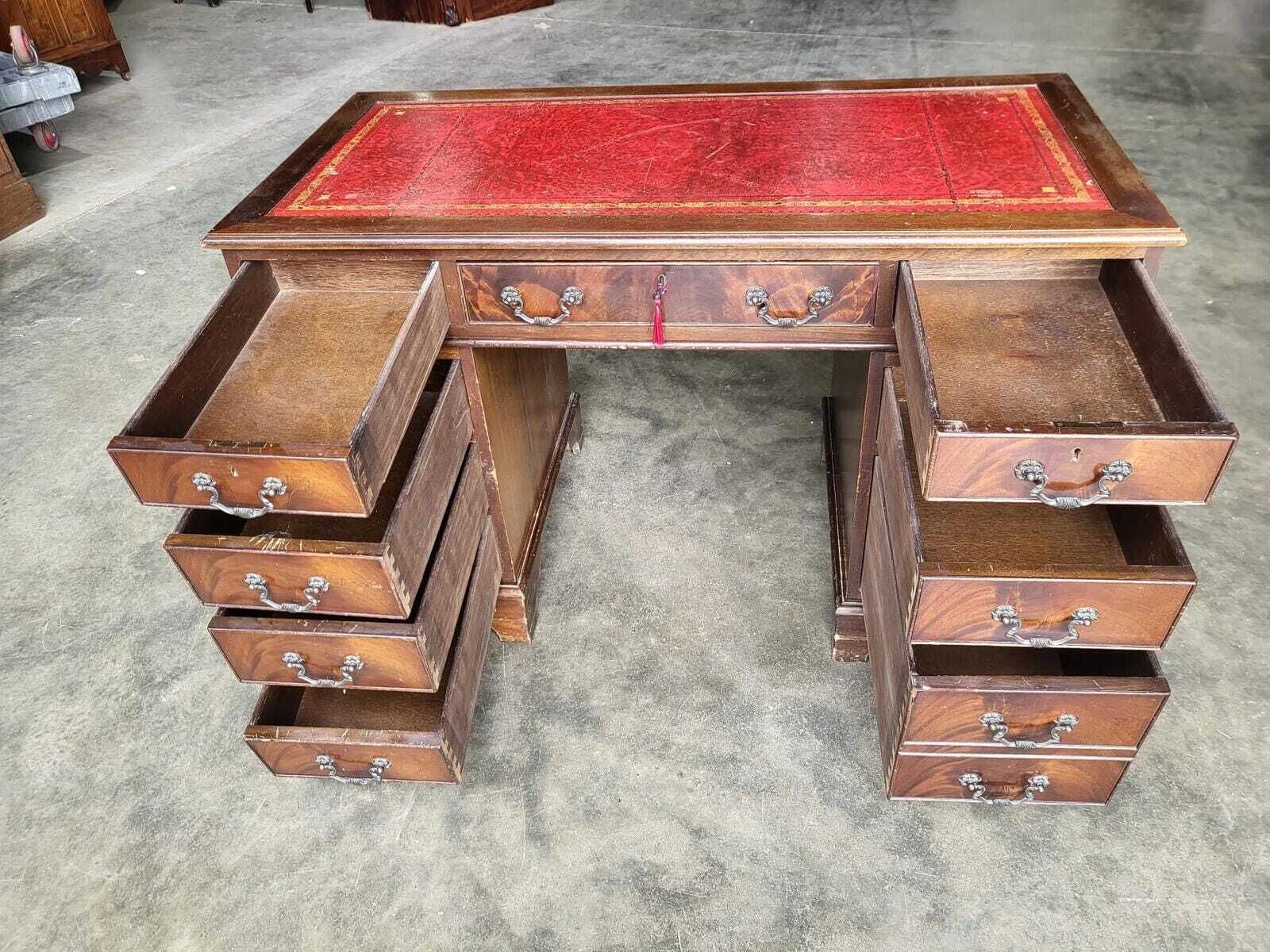 Antique Repro Shabby Small Twin Pedestal Desk Leather Top photo furniture