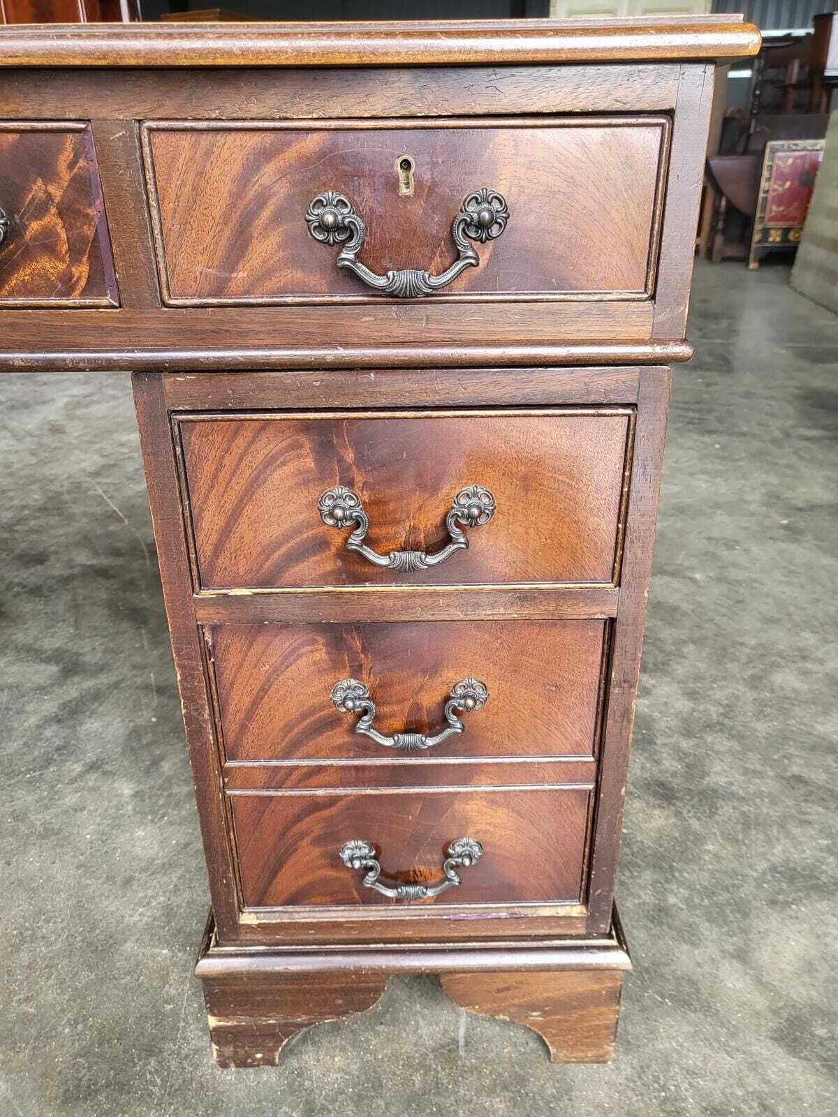 photo buy Antique Repro Shabby Small Twin Pedestal Desk Leather Top
