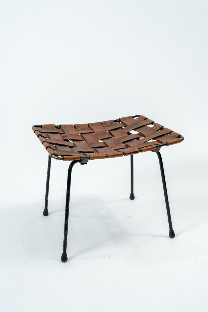 Walker Weed & Gordon Keeler – Modernist Stool With Braided Leather Straps USA, Late 1950s photo furniture