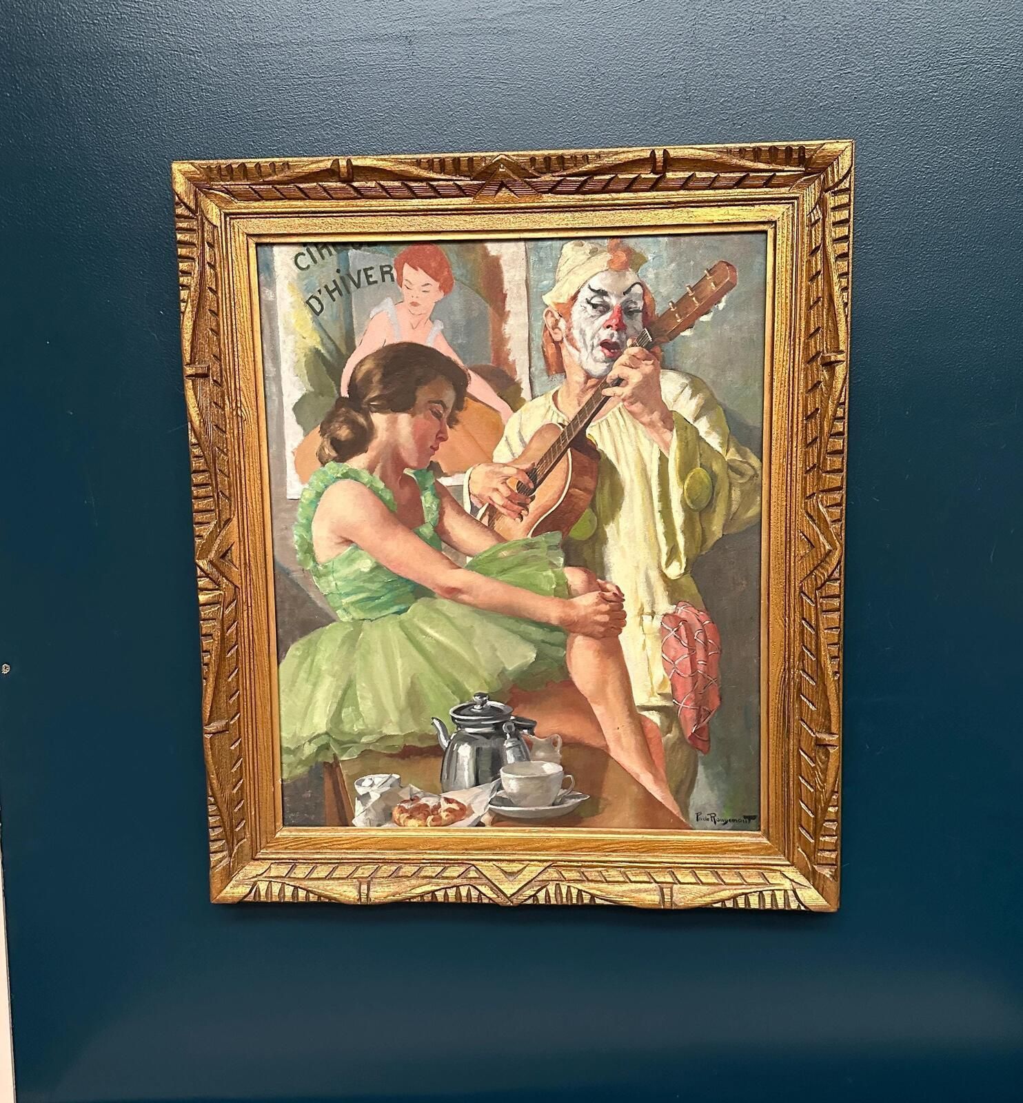 Original Early Century French Oil On Canvas – “Woman And Clown” By Philippe De Rougemont – Vintage & Framed – 82 × 70 Cm (32.3" × 27.6" photo for sale