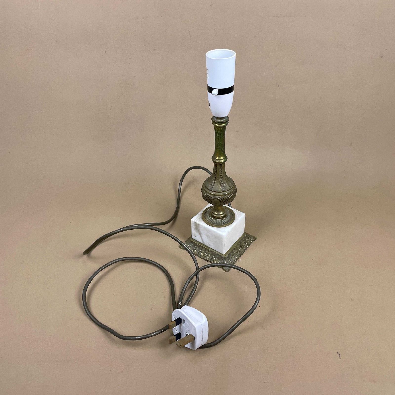 photo for sale White Onyx Marble Lamp Light Bedside Brass Gold Metal Ornate Detail Vintage Square Base Pillar Column Antique Vintage Stone Side