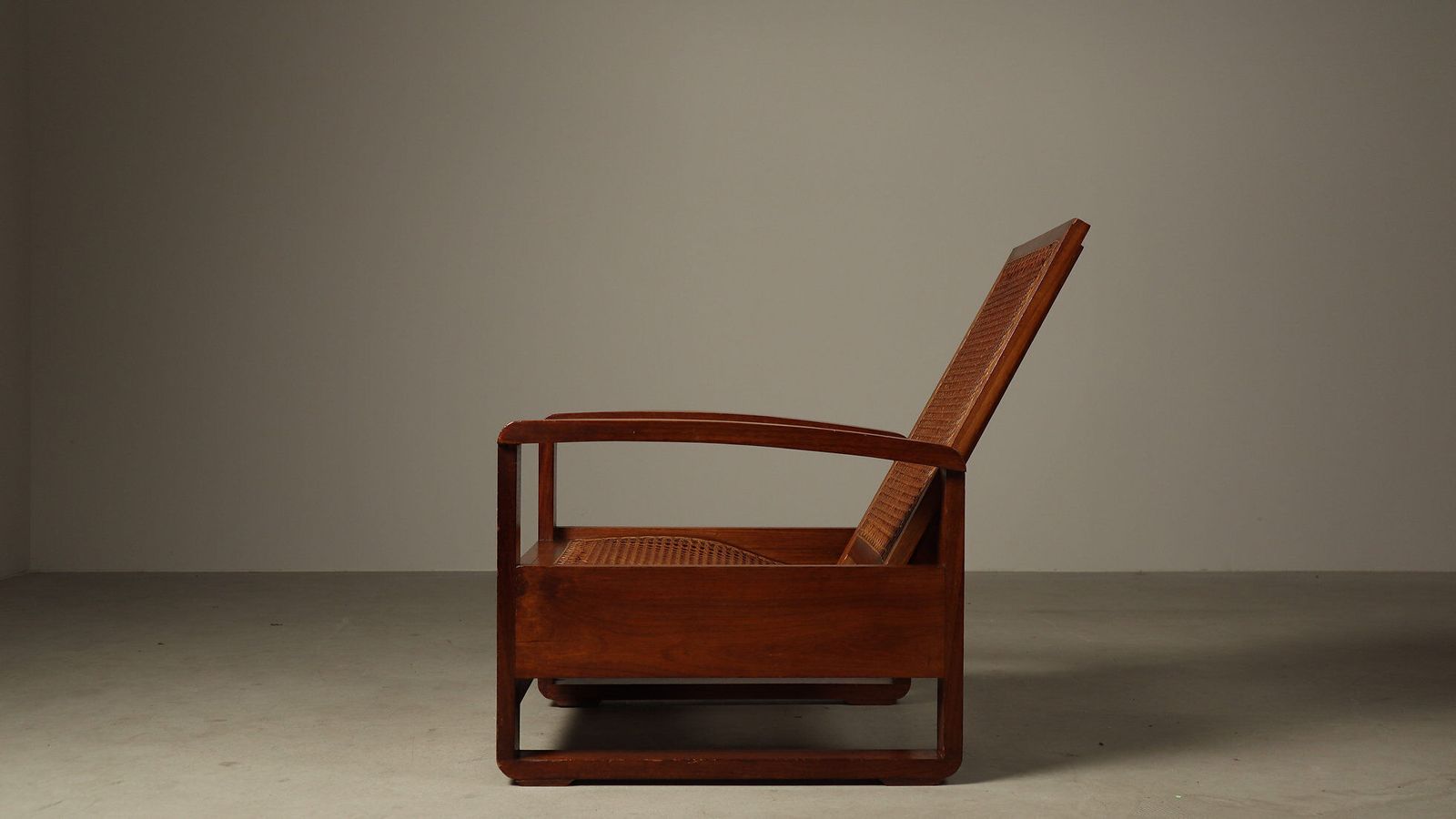 Furniture Mid Century Architectural Teak Lounge Chair With Cane Seat, 1950s photo