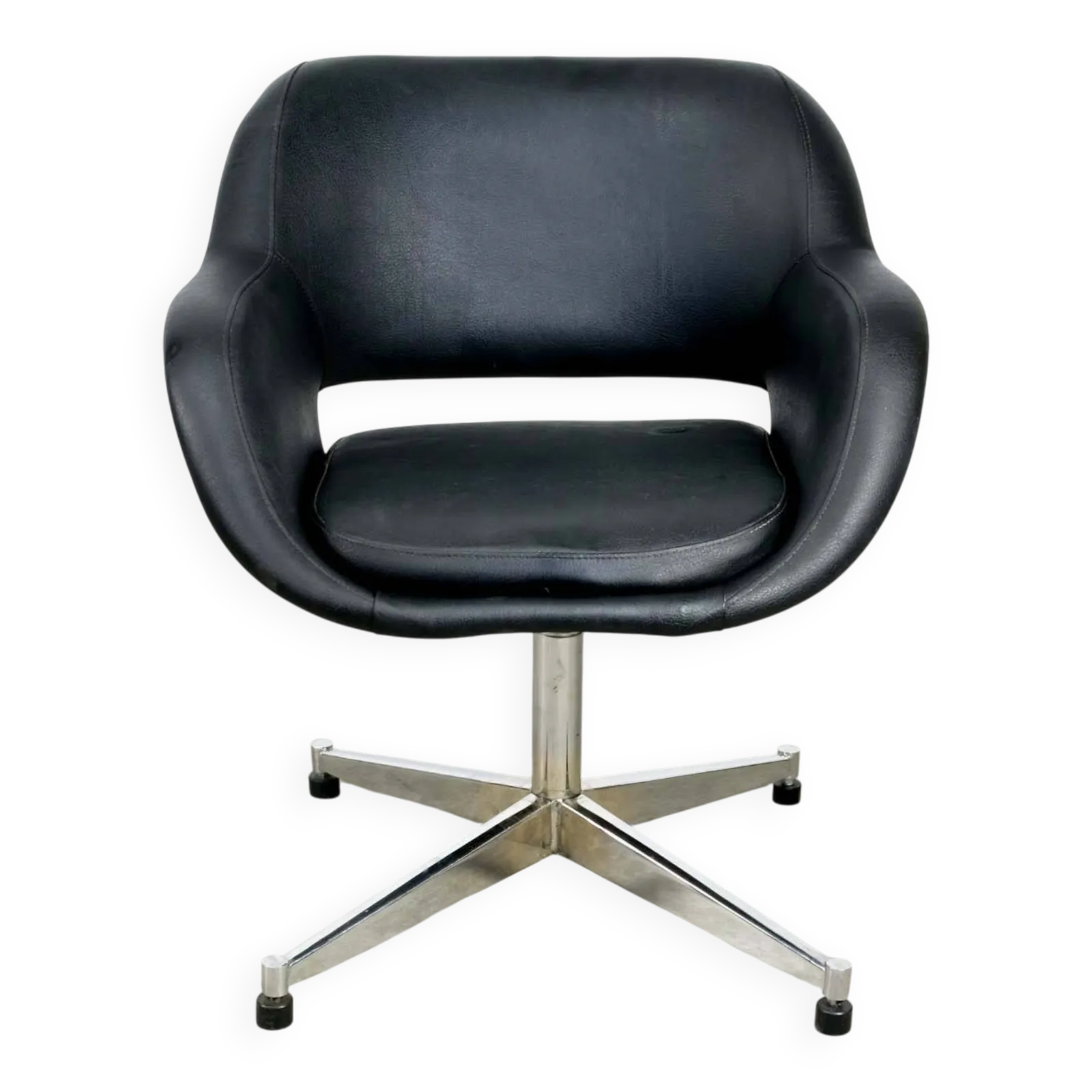 Vintage Italian Black Leatherette And Chrome Swivel Chair, 70s