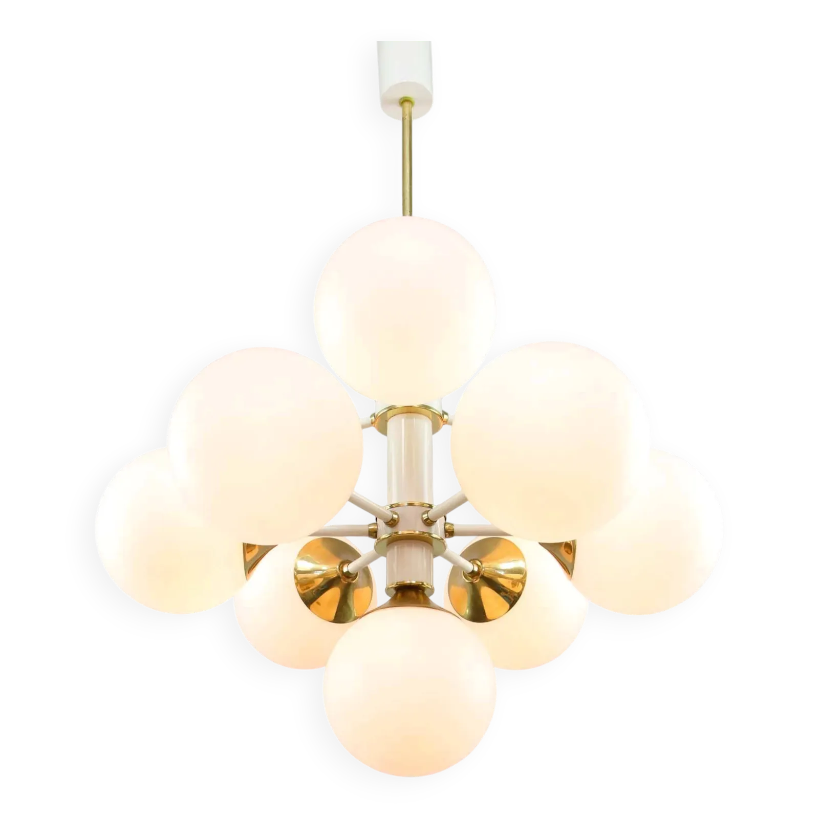Vintage Italian Brass And Opaline 10 Arm Sputnik Chandelier, 1970s
