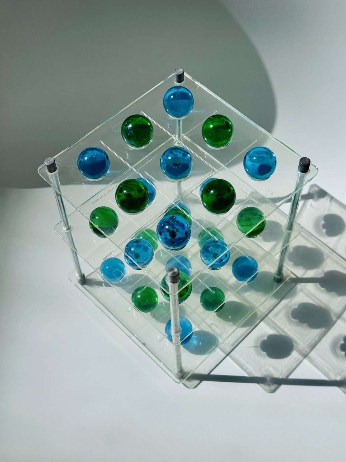 1970's 3d Lucite Tri Tac Toe Game With Blue & Green Glass Marbles photo for sale