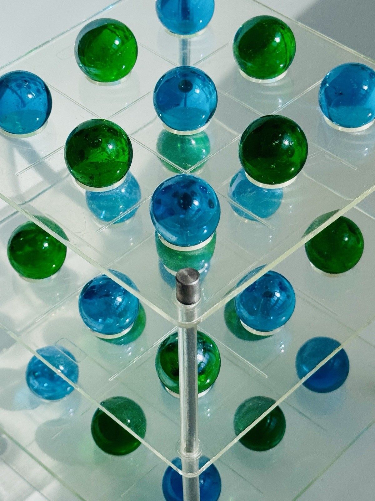 1970's 3d Lucite Tri Tac Toe Game With Blue & Green Glass Marbles photo 75.0