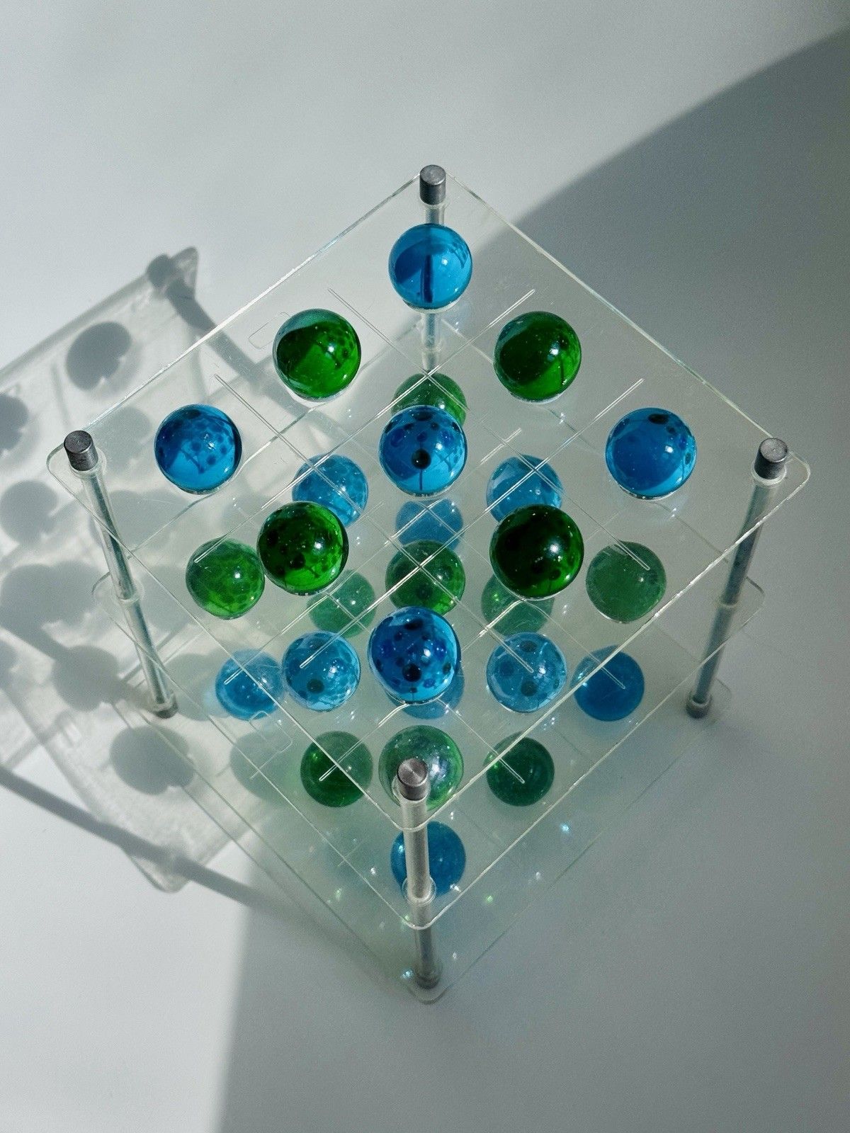 1970's 3d Lucite Tri Tac Toe Game With Blue & Green Glass Marbles photo vinterior