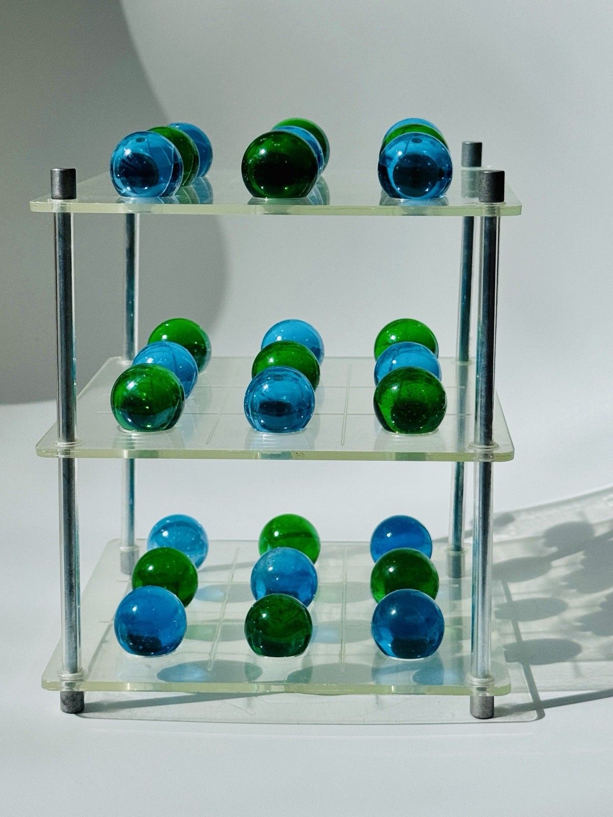 photo for sale 1970's 3d Lucite Tri Tac Toe Game With Blue & Green Glass Marbles