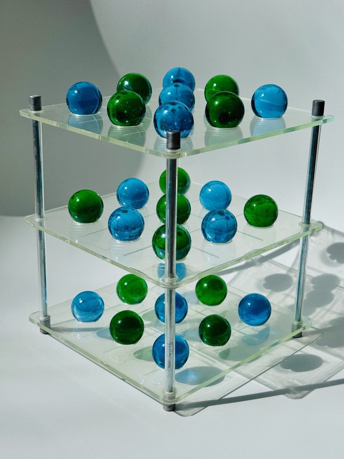 Home Decor 1970's 3d Lucite Tri Tac Toe Game With Blue & Green Glass Marbles photo