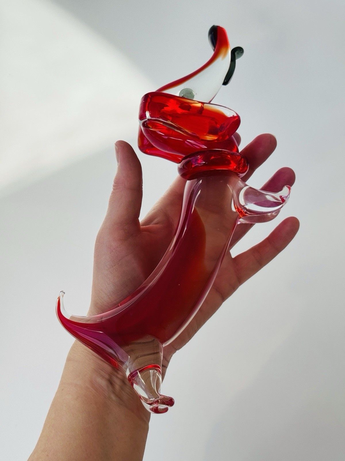 photo for sale Vintage Murano Dachshund Dog Sculpture In Red & Clear Sommerso Glass