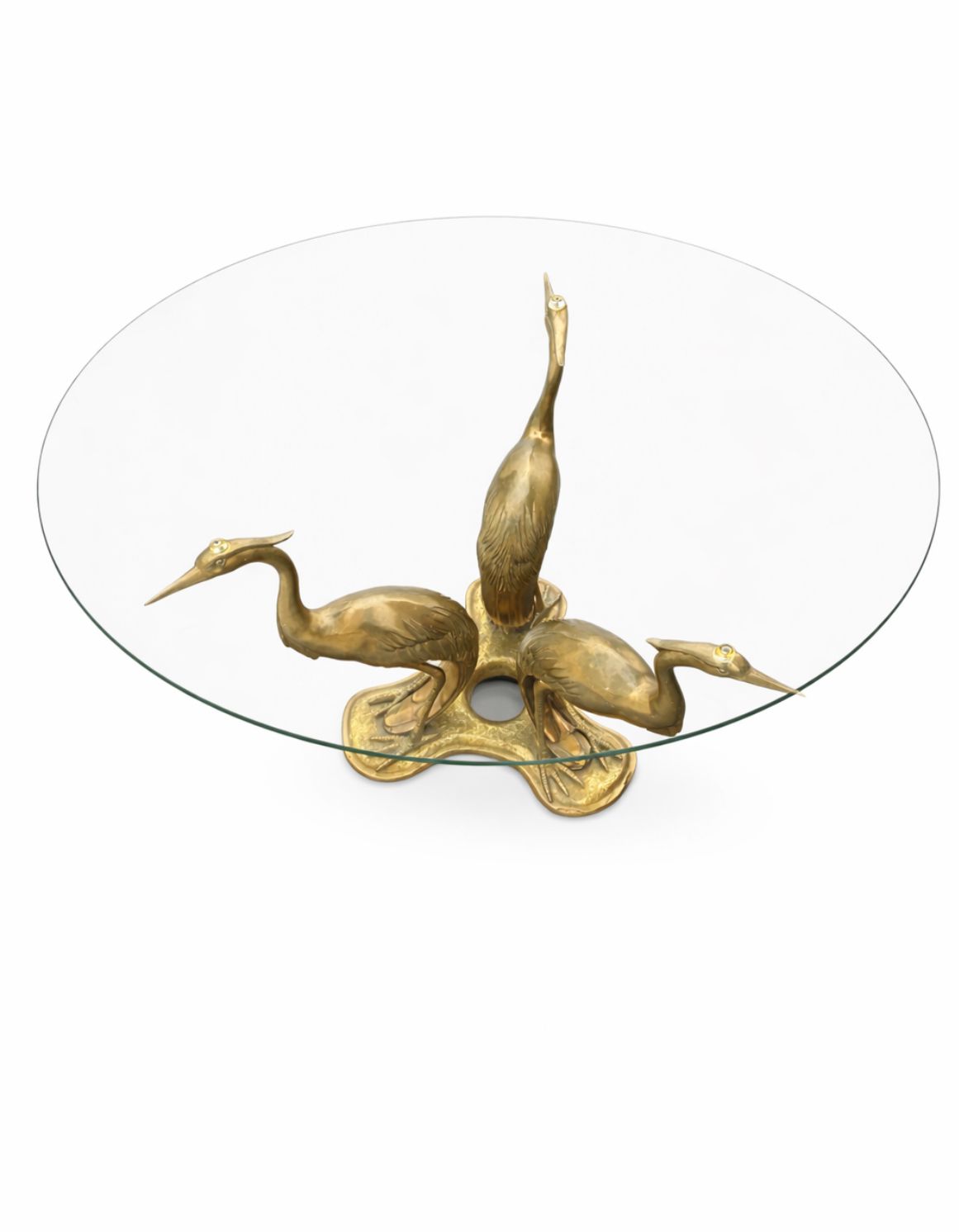 Willy Daro Hollywood Regency Coffeetable Decorated With A Copper Sculptural Three Crane Motif photo for sale