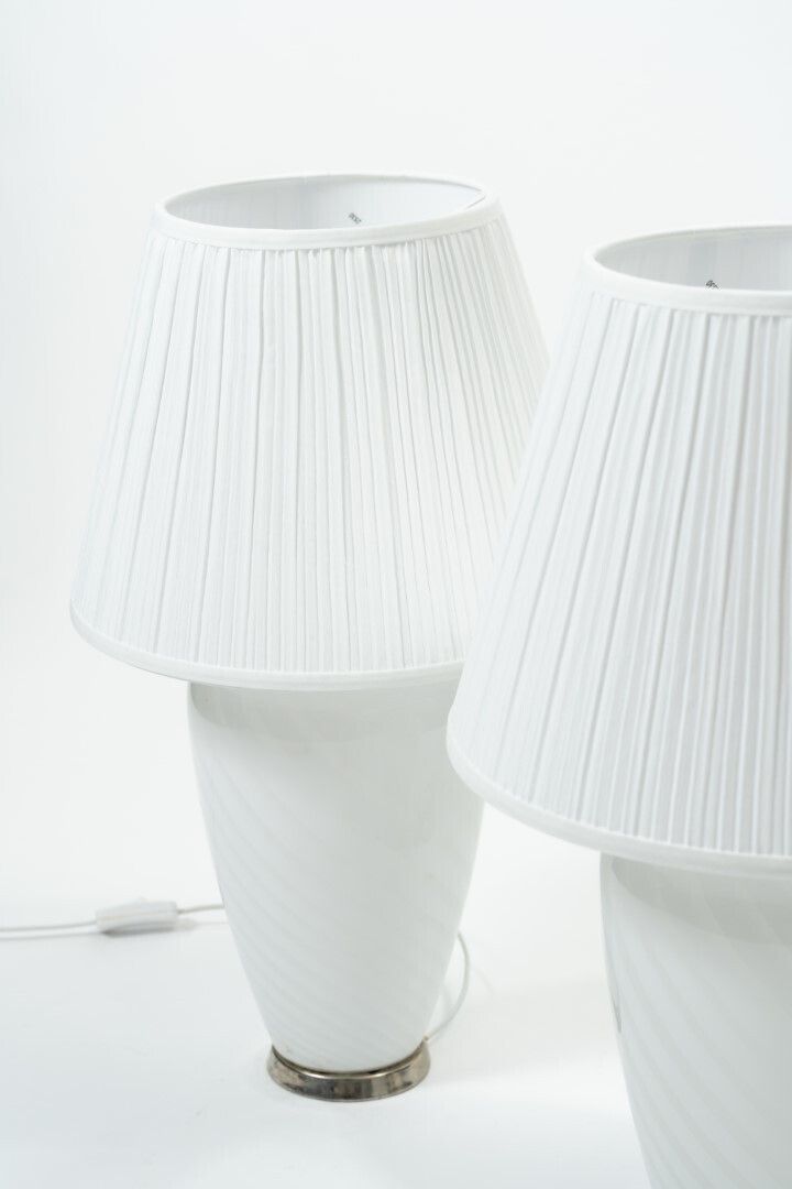 Pair Of White Murano Glass Table Lamps With Pleated Textile Shades photo 499.0