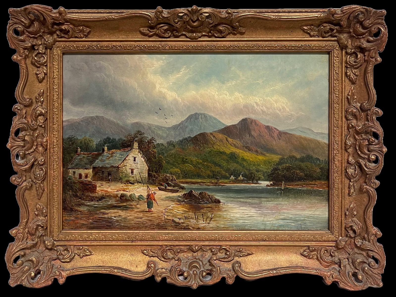 British School Victorian Signed Oil Painting Figure By Highland Cottage & Loch In Mountains