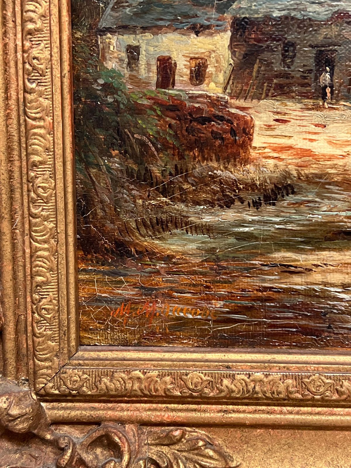 British School Victorian Signed Oil Painting Figure By Highland Cottage & Loch In Mountains photo vintage
