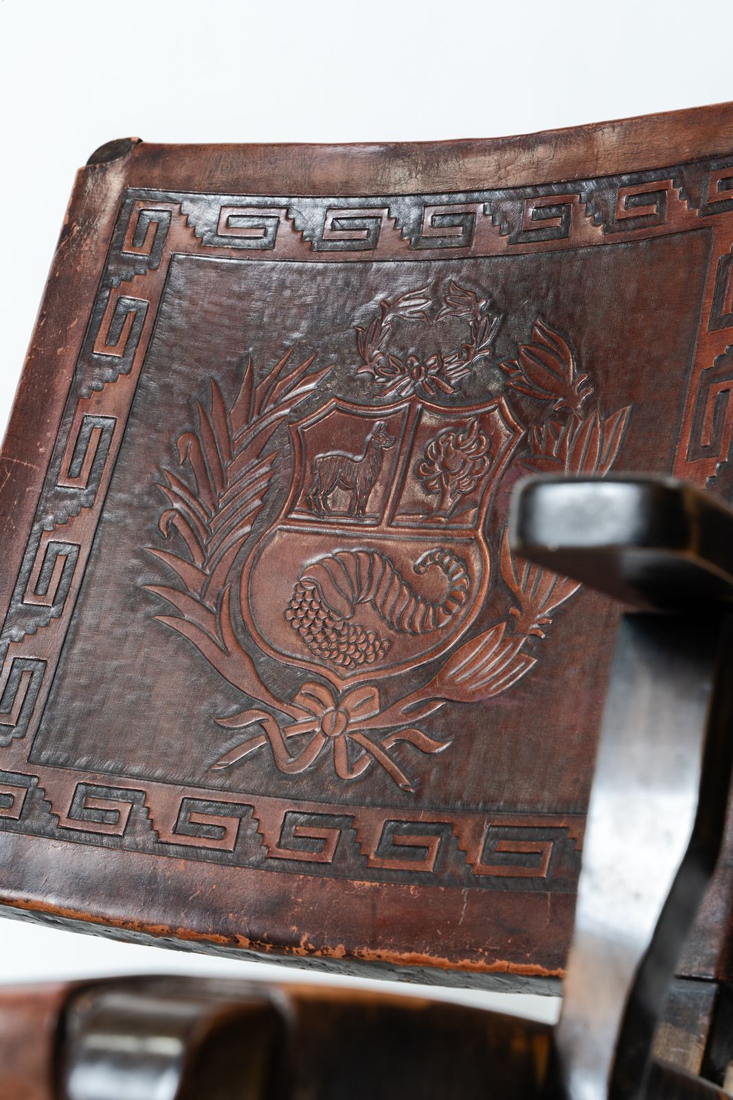 Angel Pazmiño – Hand Carved Crested Leather And Hardwood Folding Armchair/Chair (1960s–70s) photo 390.0