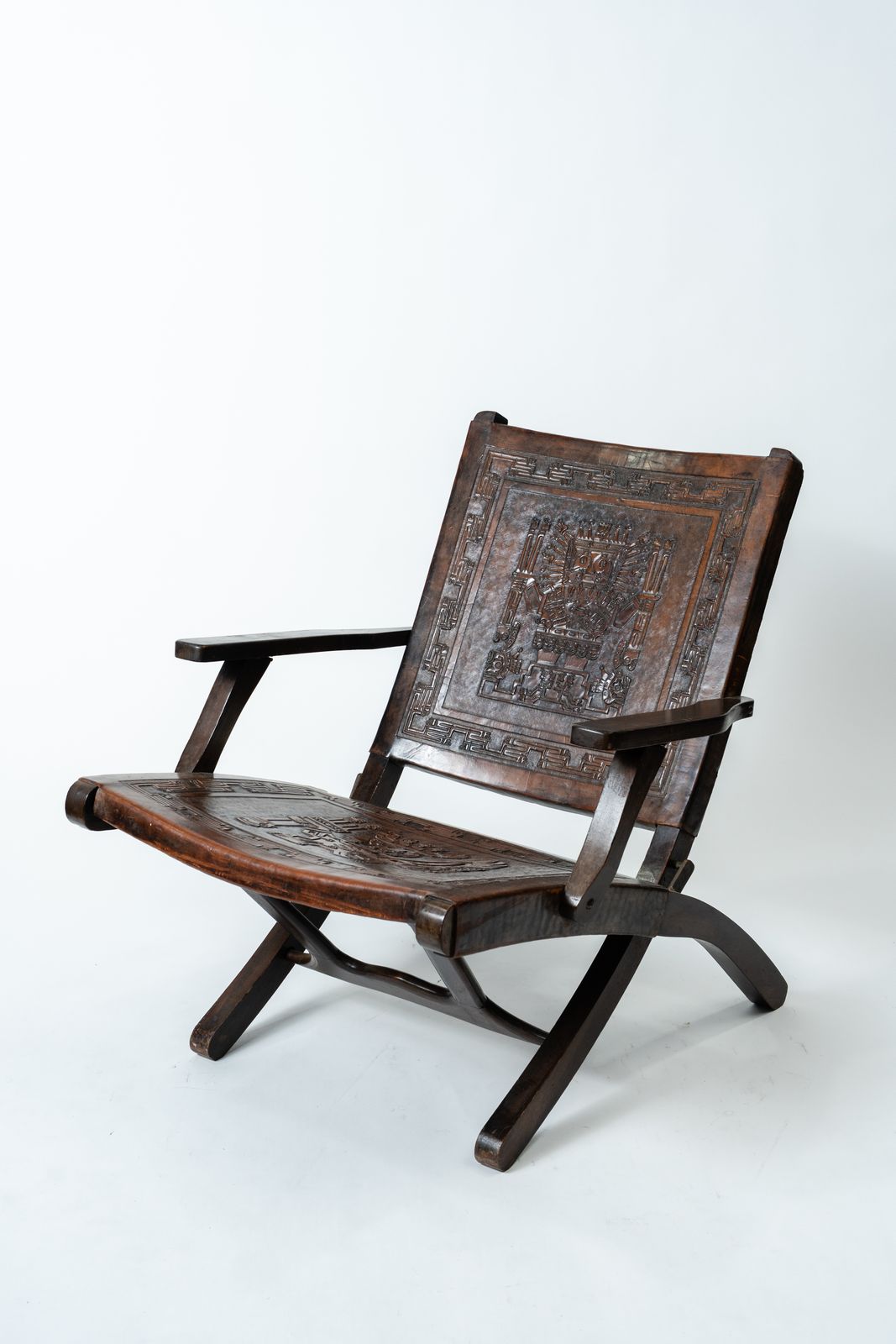 Angel Pazmiño – Carved And Embossed Leather Armchair Aztec / Inca / Maya (Ecuador, 1960s)