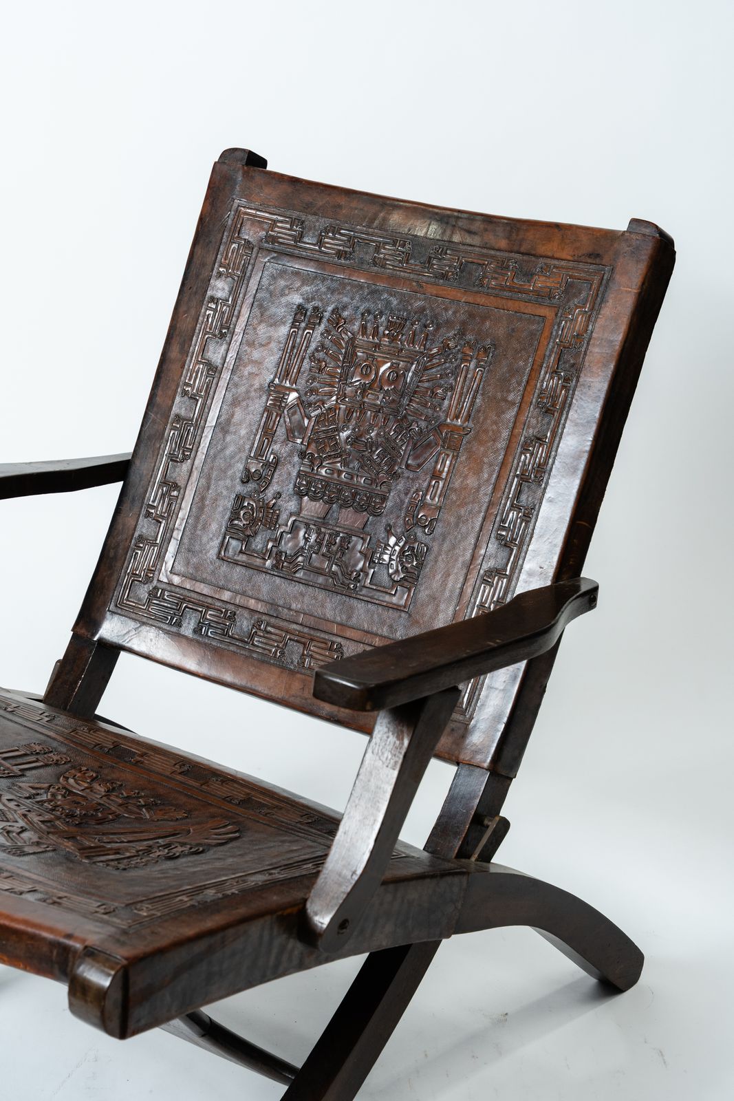 Angel Pazmiño – Carved And Embossed Leather Armchair Aztec / Inca / Maya (Ecuador, 1960s) photo furniture
