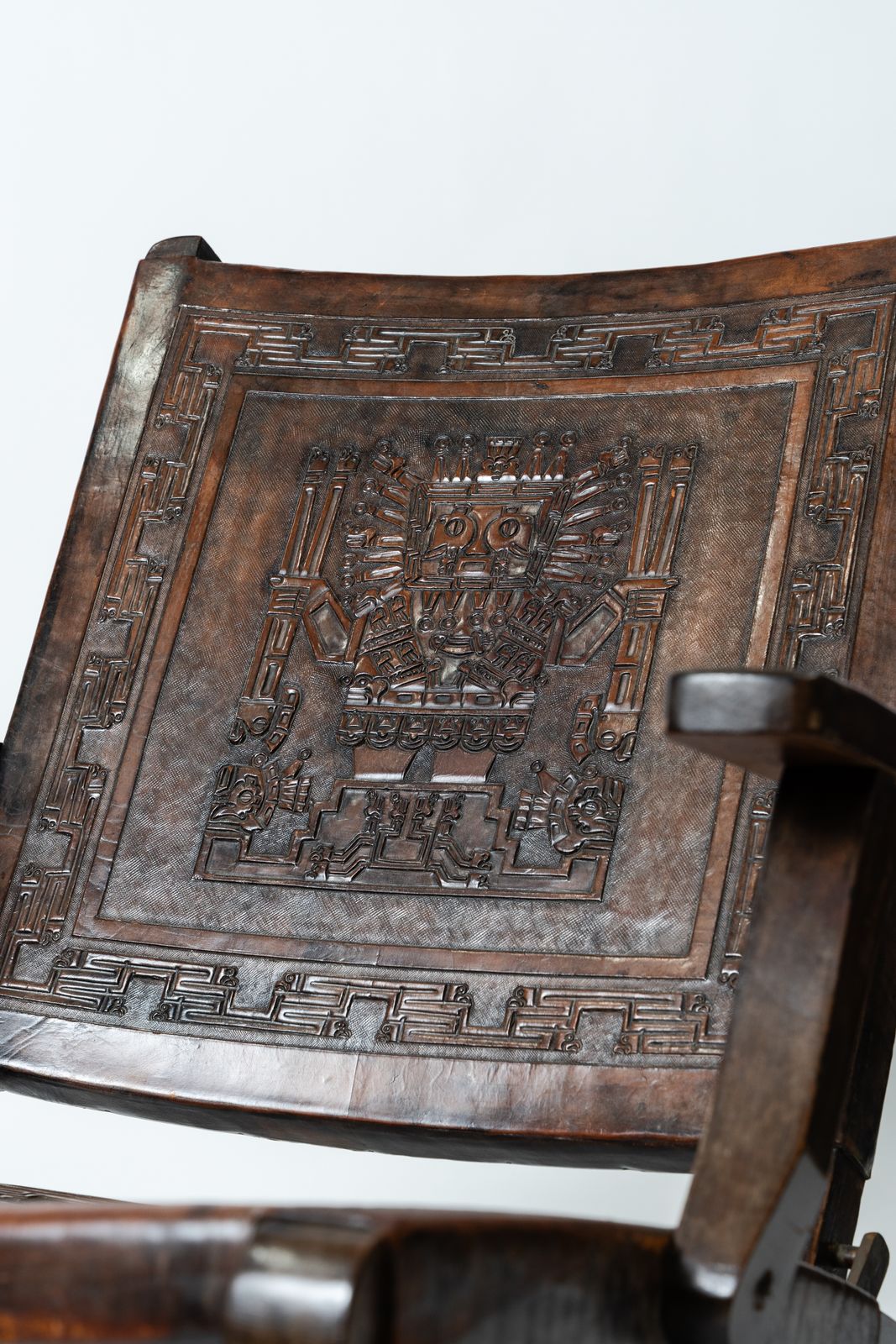 Angel Pazmiño – Carved And Embossed Leather Armchair Aztec / Inca / Maya (Ecuador, 1960s) photo for sale