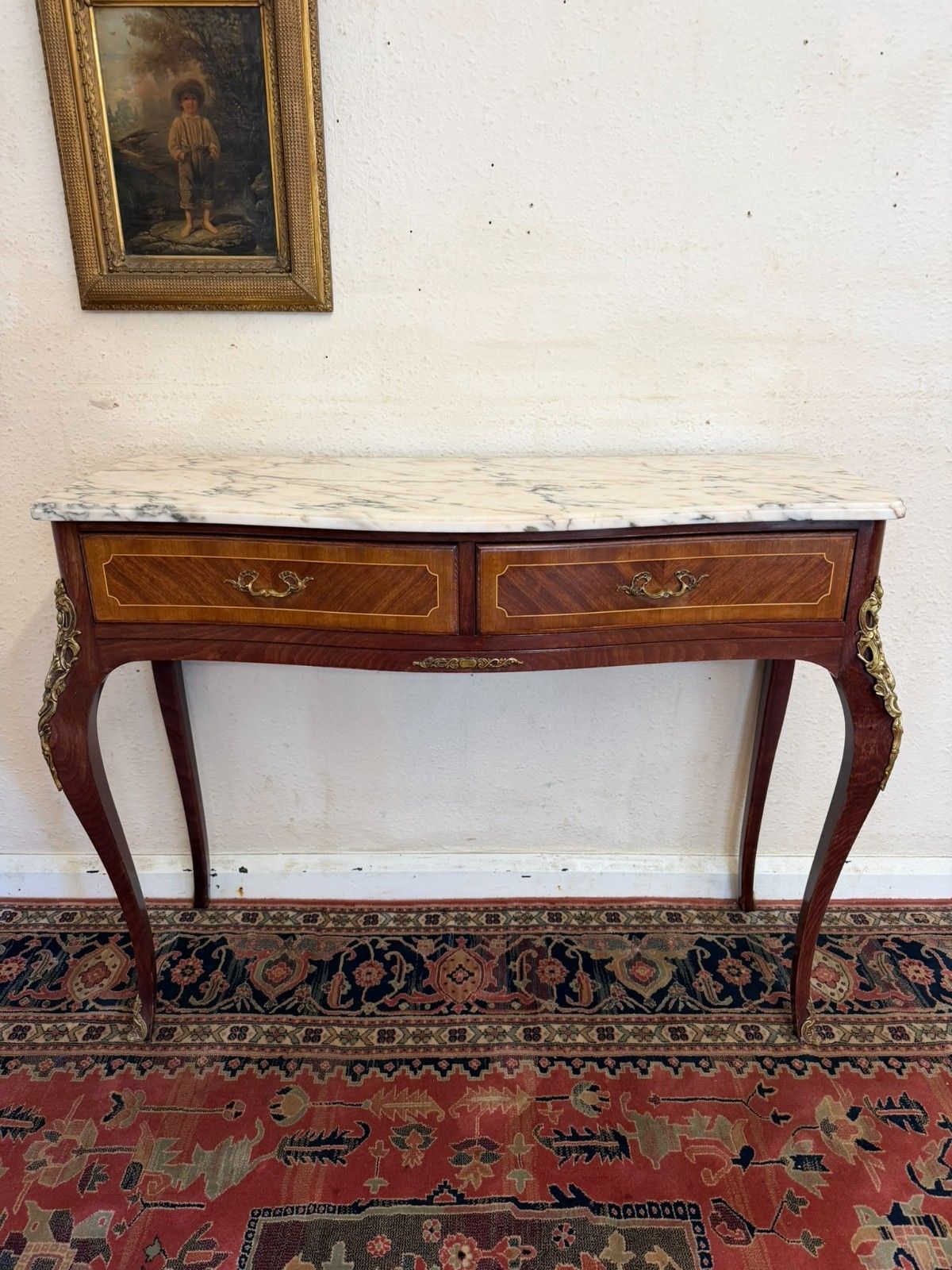 French Kingwood And Gilt Marble Top Two Drawer Console Table Circa 1950 photo furniture