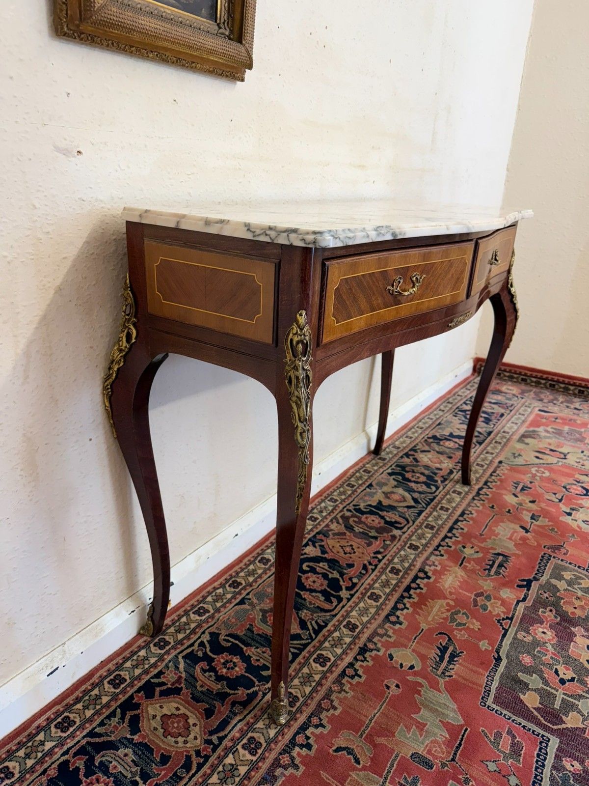 French Kingwood And Gilt Marble Top Two Drawer Console Table Circa 1950 photo Furniture