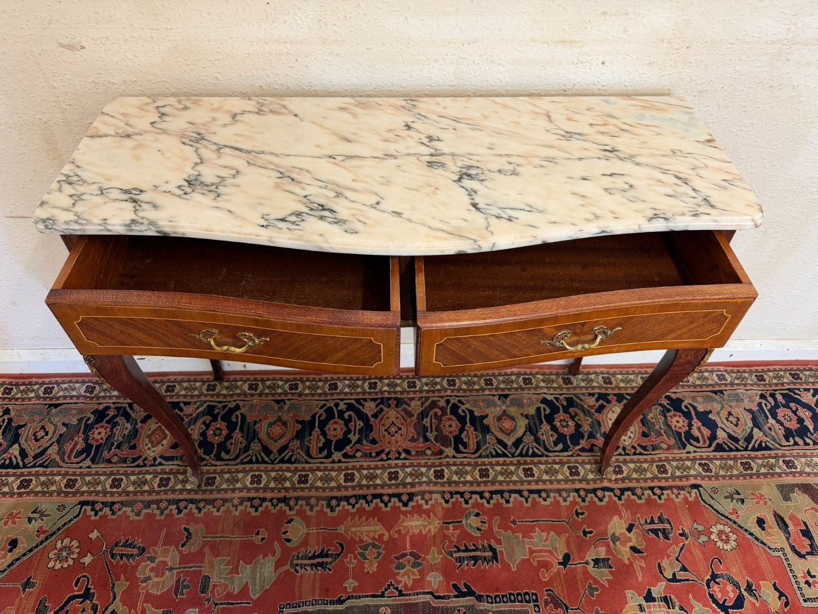 French Kingwood And Gilt Marble Top Two Drawer Console Table Circa 1950 photo vintage