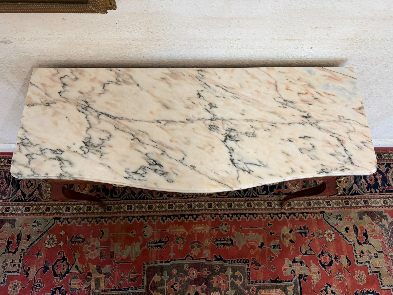 photo for sale French Kingwood And Gilt Marble Top Two Drawer Console Table Circa 1950