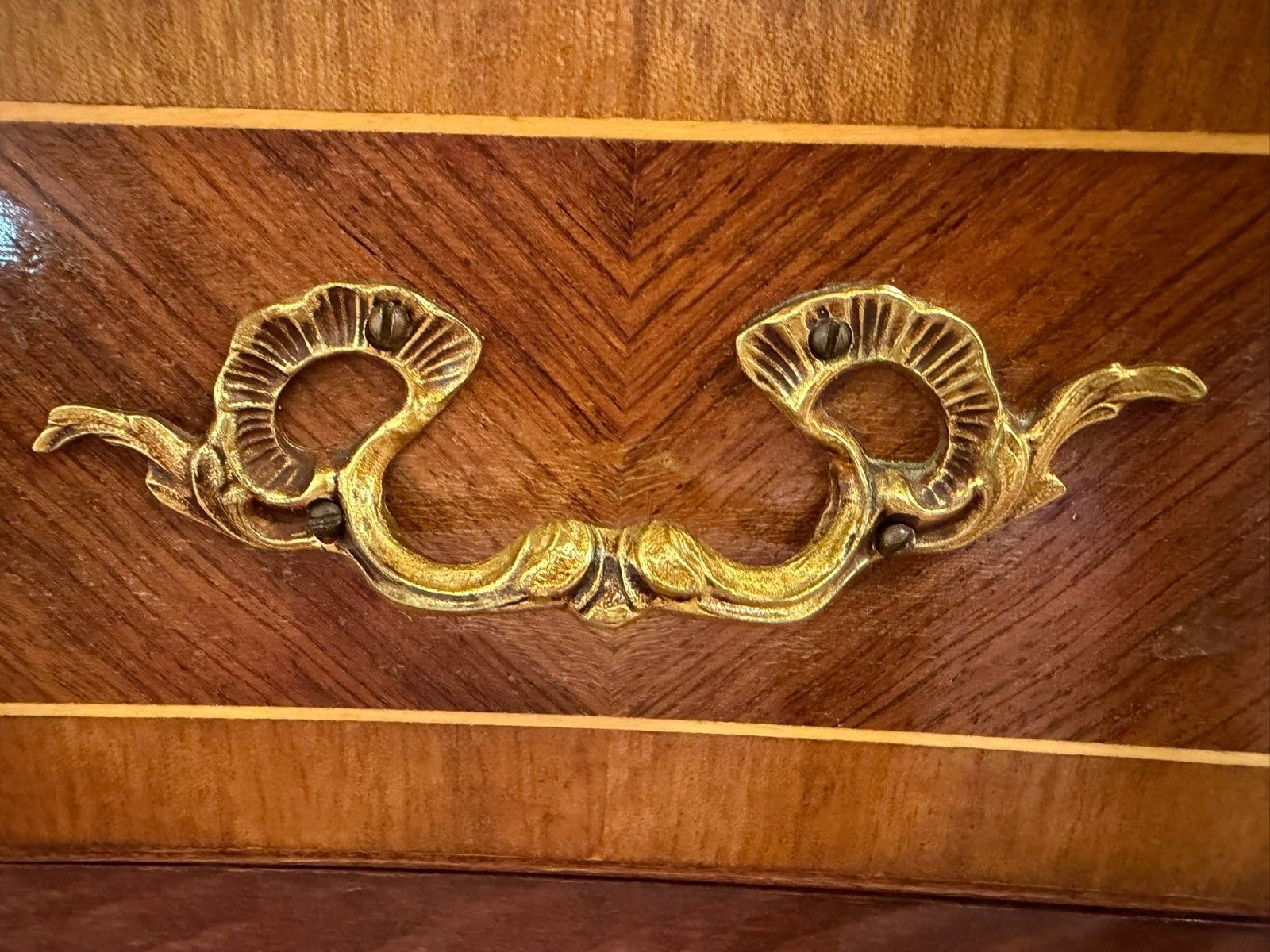 photo vinterior French Kingwood And Gilt Marble Top Two Drawer Console Table Circa 1950