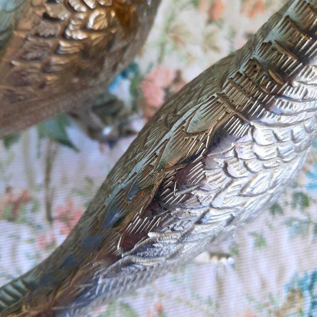 Large Mid Century Silver Tone Pheasants Figures Pair C 1970's. French Country Style Birds photo 60.0