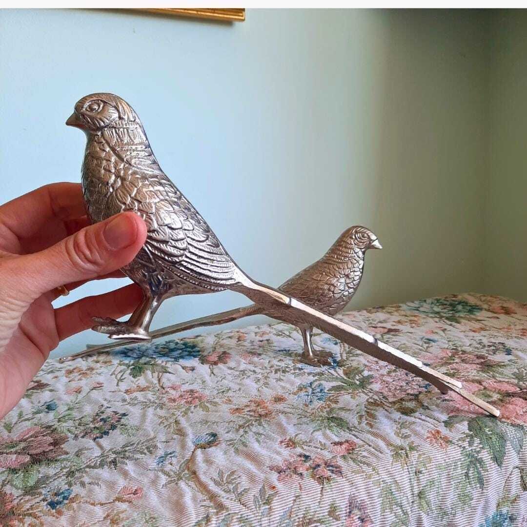 Large Mid Century Silver Tone Pheasants Figures Pair C 1970's. French Country Style Birds photo vinterior