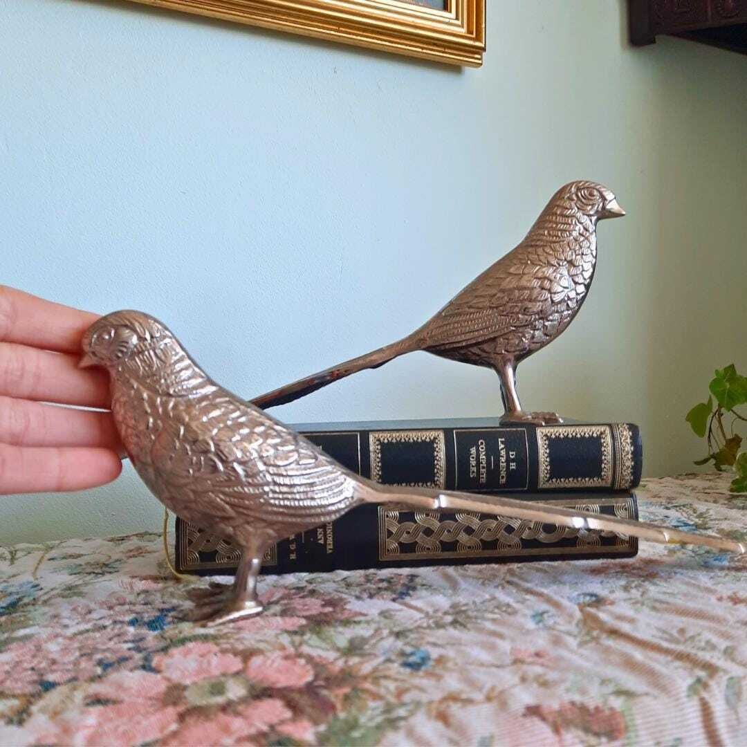 Large Mid Century Silver Tone Pheasants Figures Pair C 1970's. French Country Style Birds photo buy