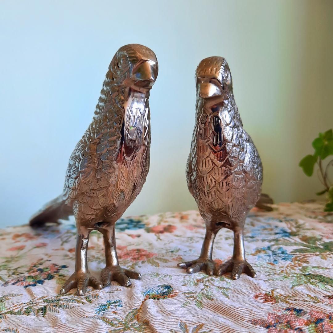 Large Mid Century Silver Tone Pheasants Figures Pair C 1970's. French Country Style Birds photo vintage