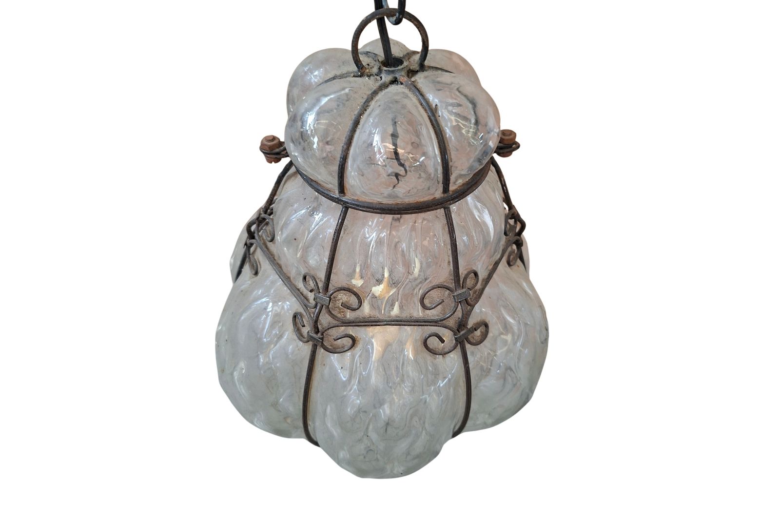 Lampada A Sospensione Vintage In Vetro Soffiato E Ferro Battuto photo Lighting
