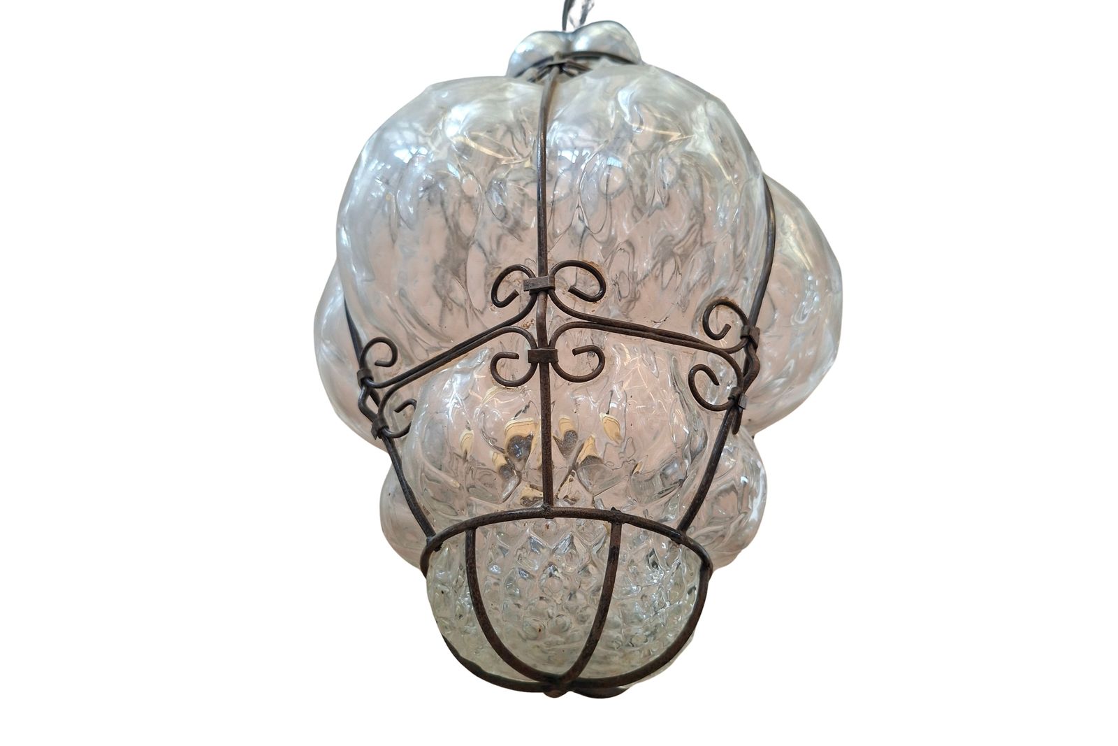 Lampada A Sospensione Vintage In Vetro Soffiato E Ferro Battuto photo 259.92